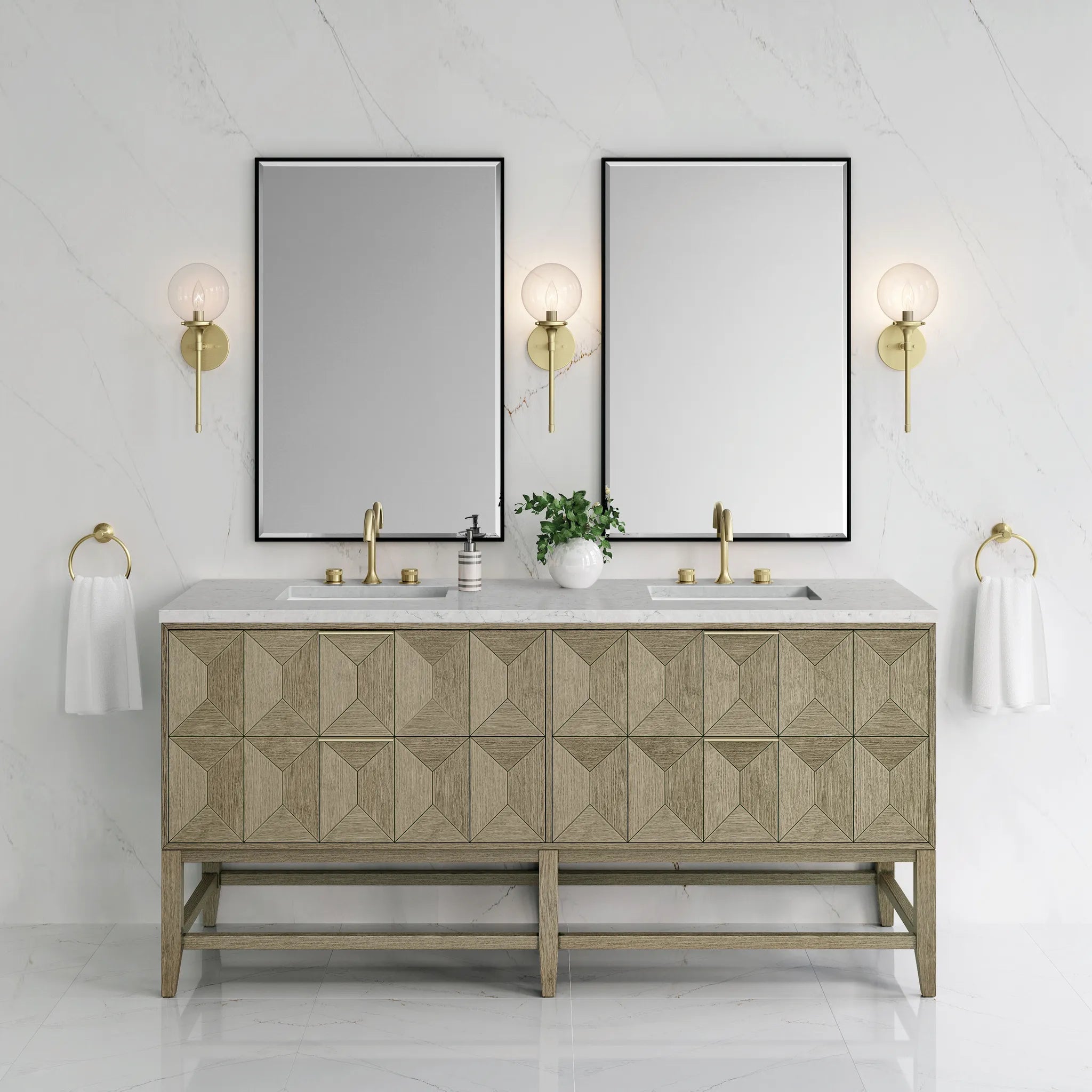 72" Emmeline Double Vanity in Pebble Oak Wireless Charger-Eternal Jasmine Pearl Silestone-8" Widespread image 5