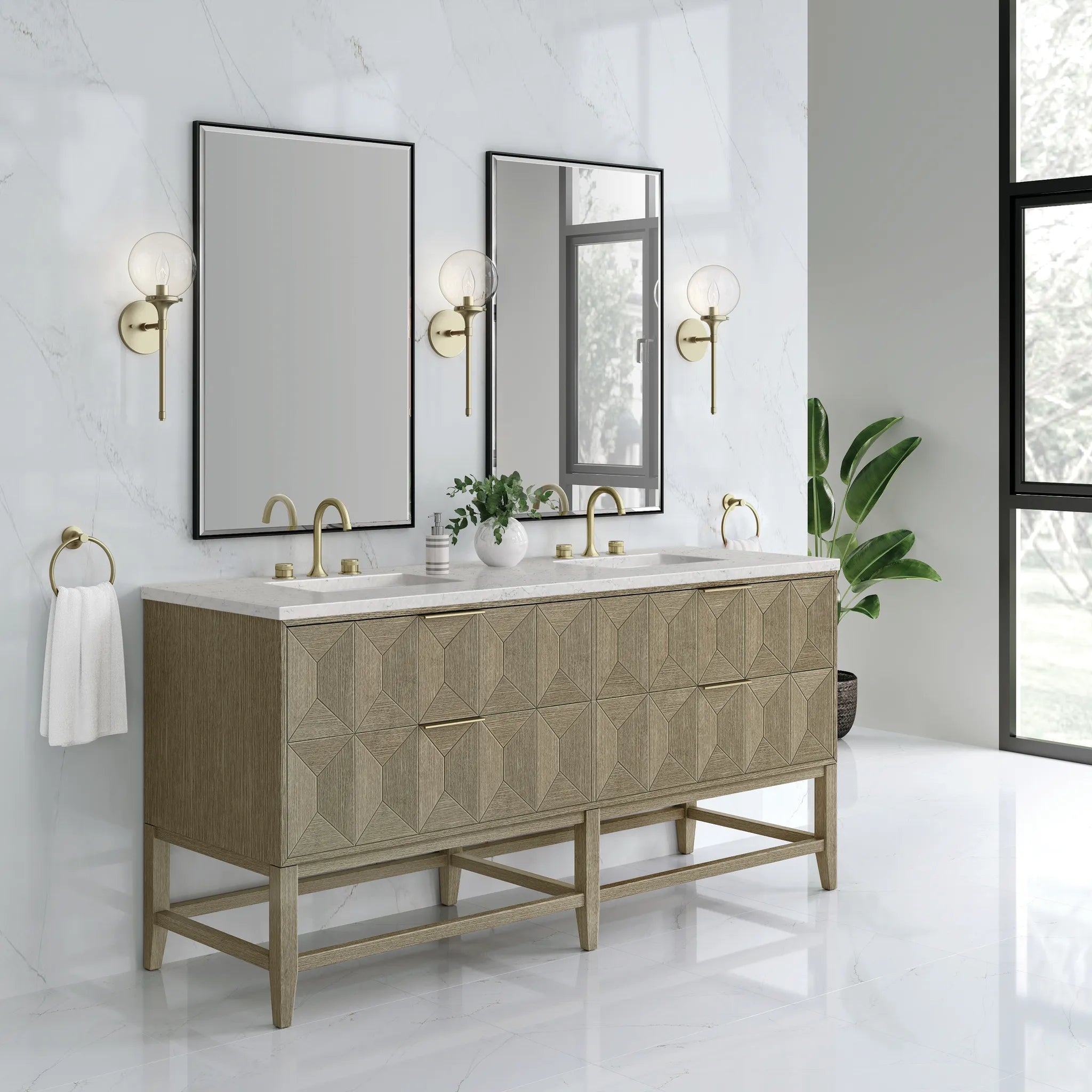 72" Emmeline Double Vanity in Pebble Oak Wireless Charger-Eternal Jasmine Pearl Silestone-8" Widespread image 6