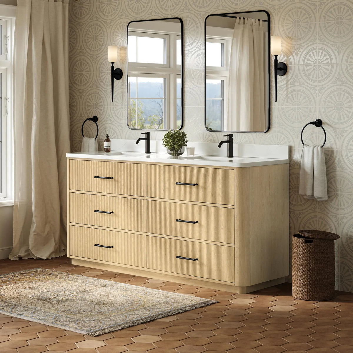 72" Francesca Double Bathroom Vanity Scandinavian Oak Matte Black Trim by wyndham View 2