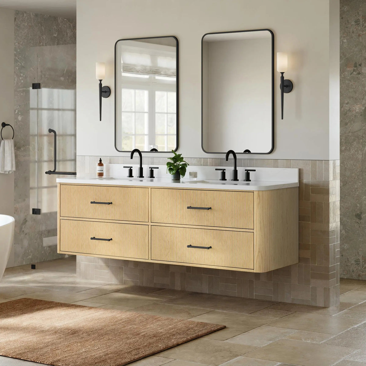 72" Francesca Double Wall Mounted Bathroom Vanity Scandinavian Oak Matte Black Trim by wyndham View 7