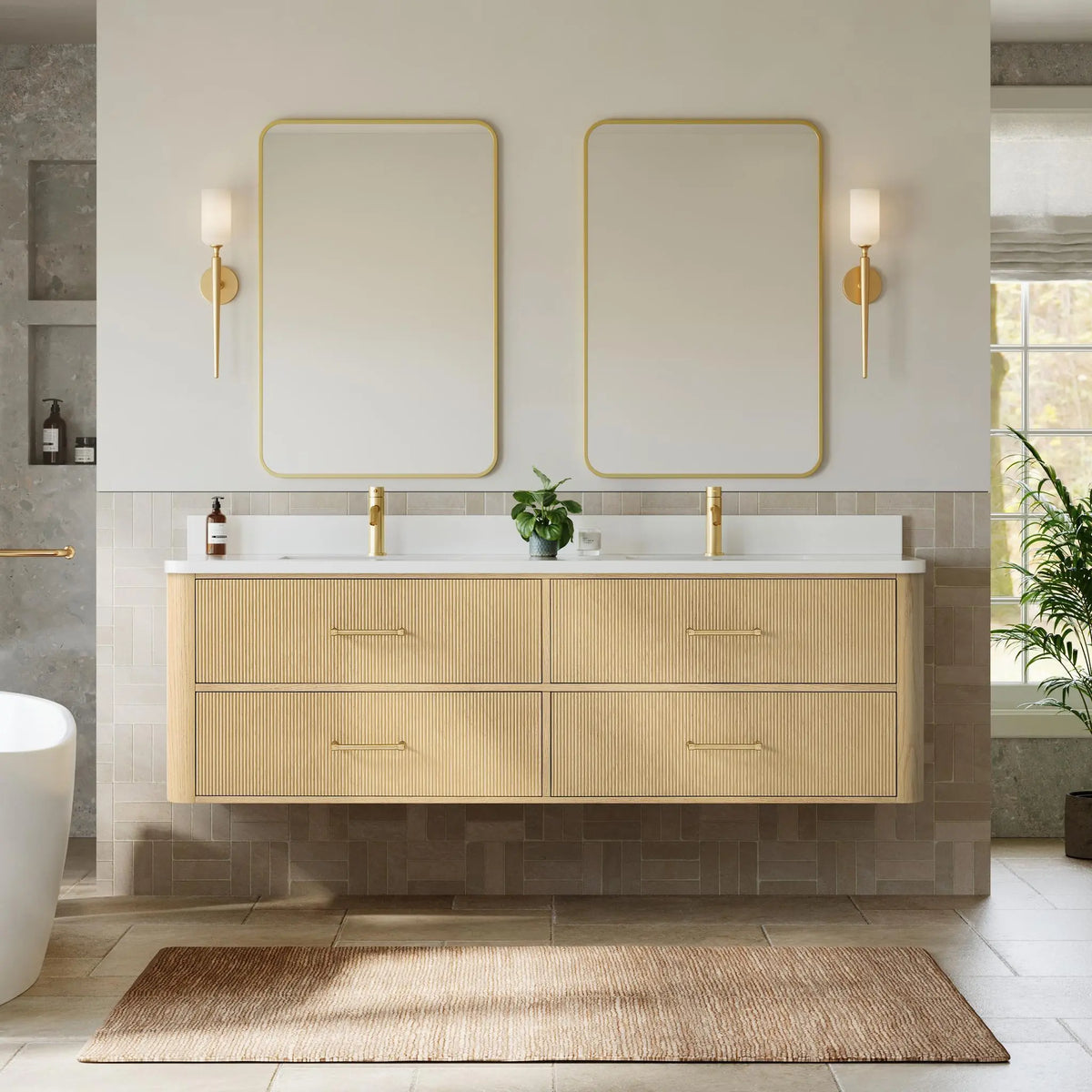 72" Francesca Double Wall Mounted Bathroom Vanity Scandinavian Oak Satin Bronze Trim by wyndham View 14