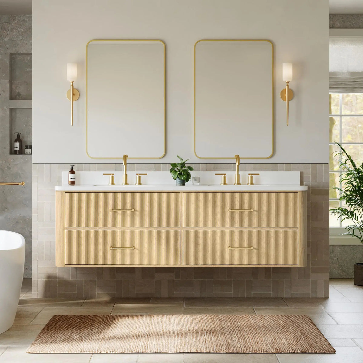 72" Francesca Double Wall Mounted Bathroom Vanity Scandinavian Oak Satin Bronze Trim by wyndham View 19