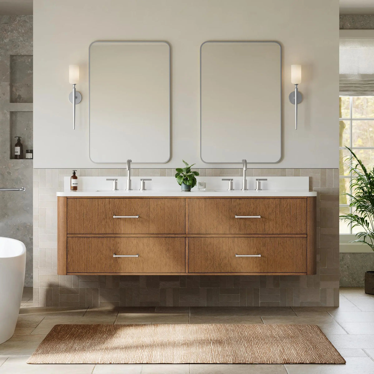 72" Francesca Double Wall Mounted Bathroom Vanity Toasted Walnut Brushed Nickel Trim by wyndham View 19