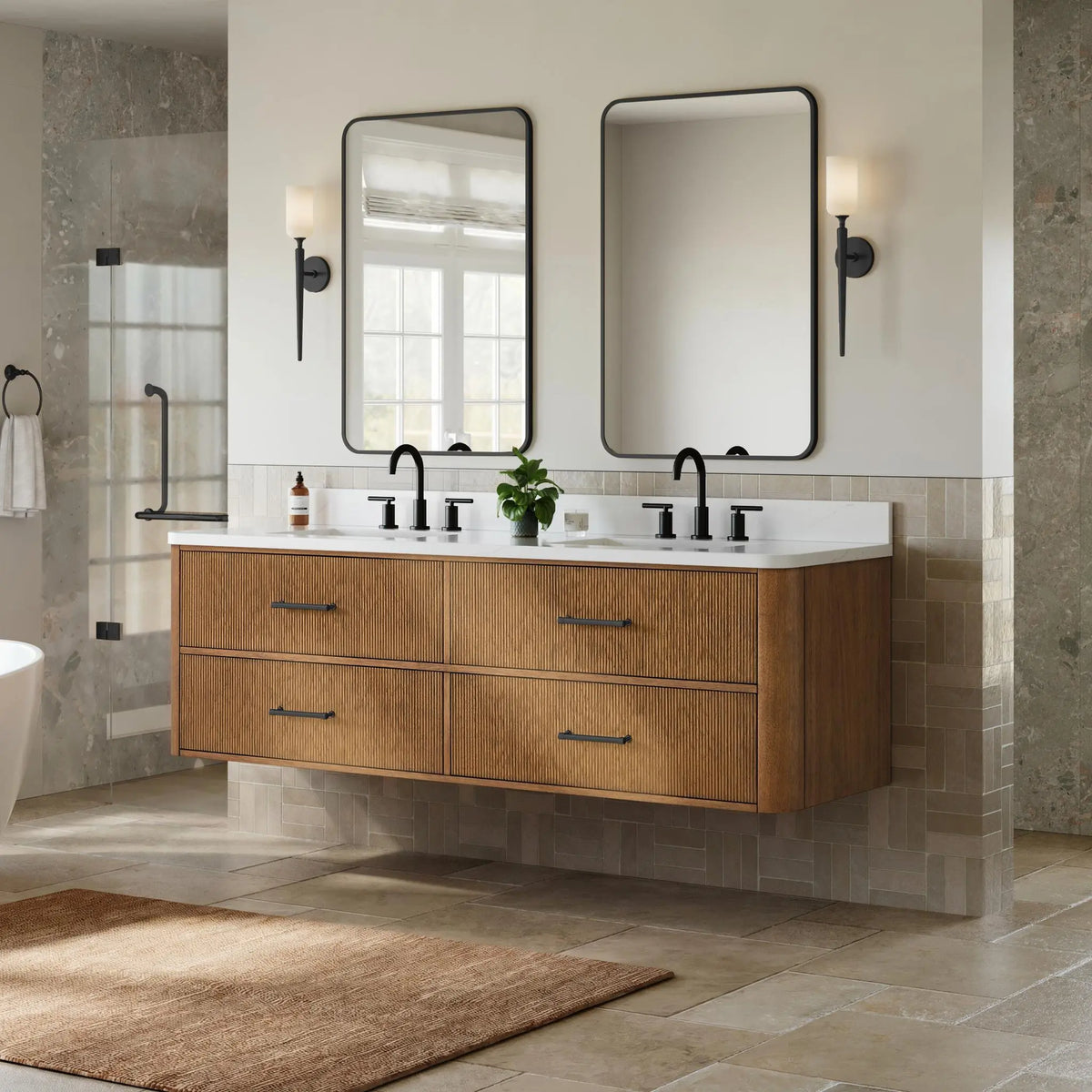 72" Francesca Double Wall Mounted Bathroom Vanity Toasted Walnut Matte Black Trim by wyndham View 7