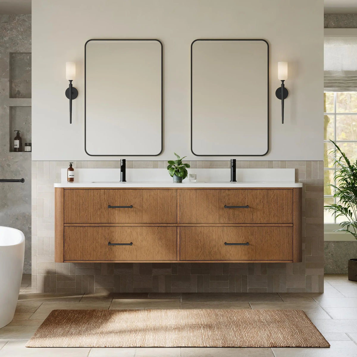 72" Francesca Double Wall Mounted Bathroom Vanity Toasted Walnut Matte Black Trim by wyndham View 14