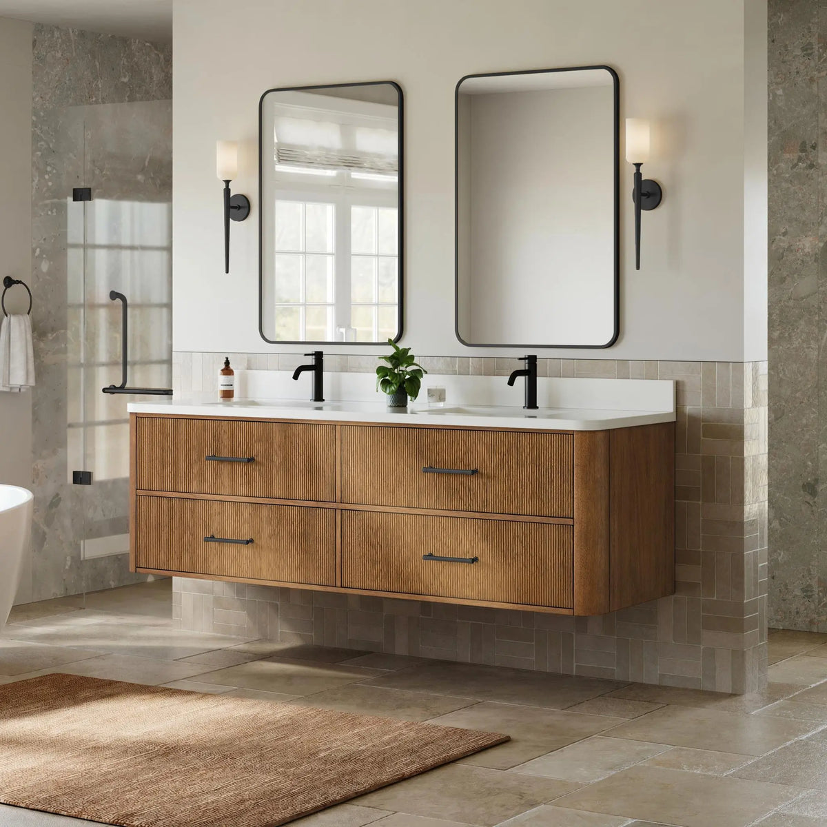 72" Francesca Double Wall Mounted Bathroom Vanity Toasted Walnut Matte Black Trim by wyndham View 12