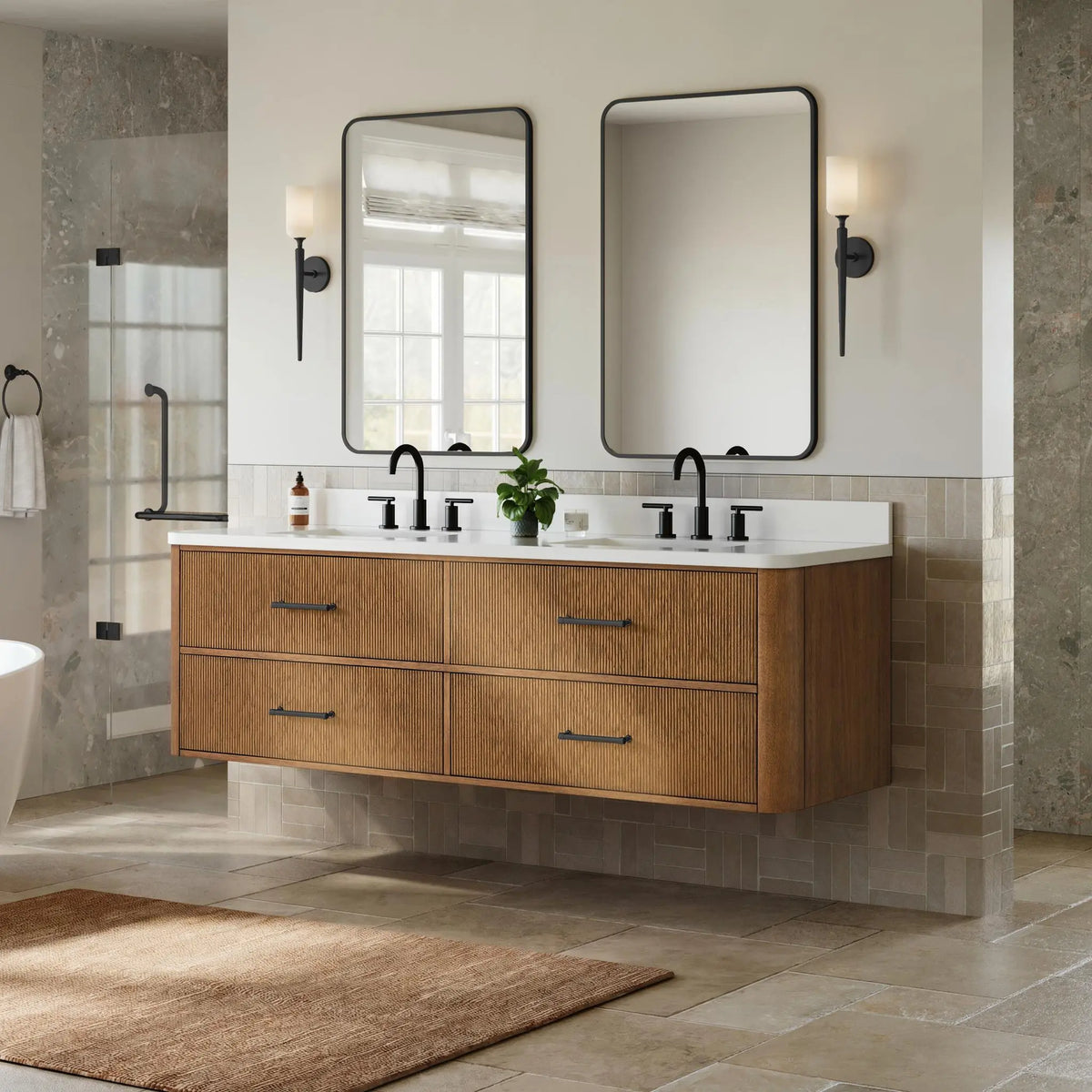 72" Francesca Double Wall Mounted Bathroom Vanity Toasted Walnut Matte Black Trim by wyndham View 17