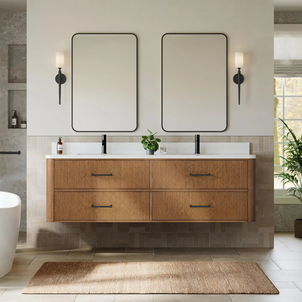 72" Francesca Double Wall Mounted Bathroom Vanity Toasted Walnut Matte Black Trim by wyndham View 4