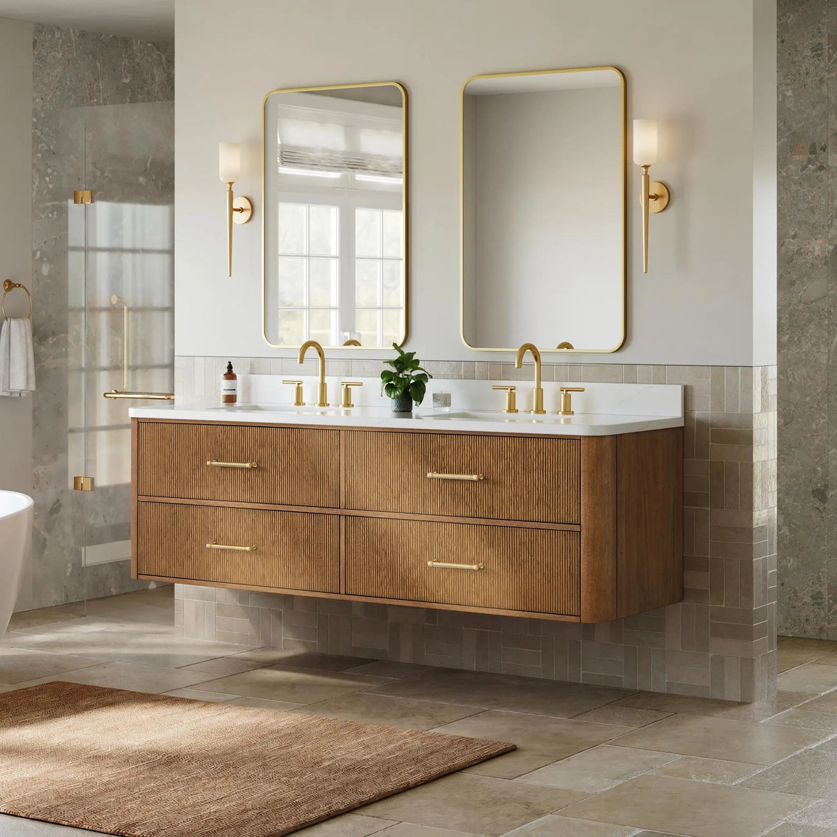 72" Francesca Double Wall Mounted Bathroom Vanity Toasted Walnut Satin Bronze Trim by wyndham View 7
