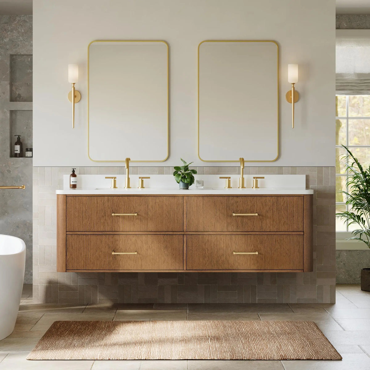 72" Francesca Double Wall Mounted Bathroom Vanity Toasted Walnut Satin Bronze Trim by wyndham View 19