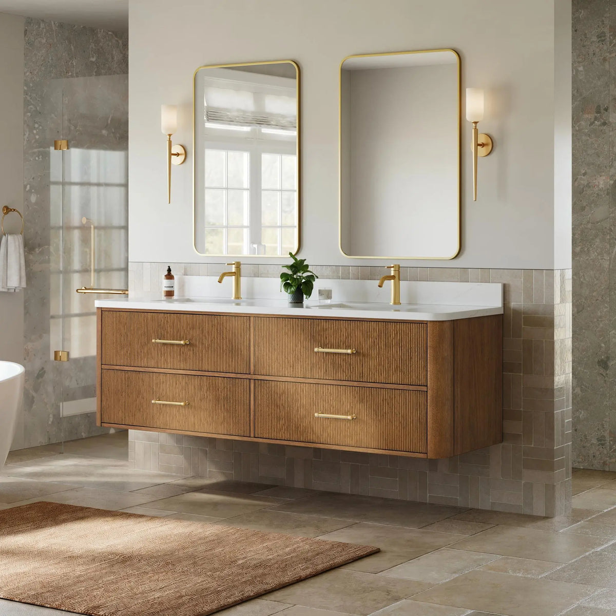 72" Francesca Double Wall Mounted Bathroom Vanity Toasted Walnut Satin Bronze Trim by wyndham View 2
