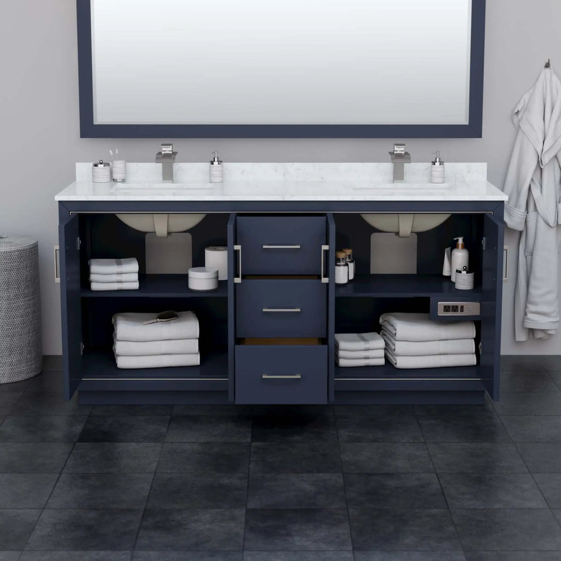 72" Icon Double Bathroom Vanity in Dark Blue with Brushed Nickel Trim & 70" Mirror by Wyndham