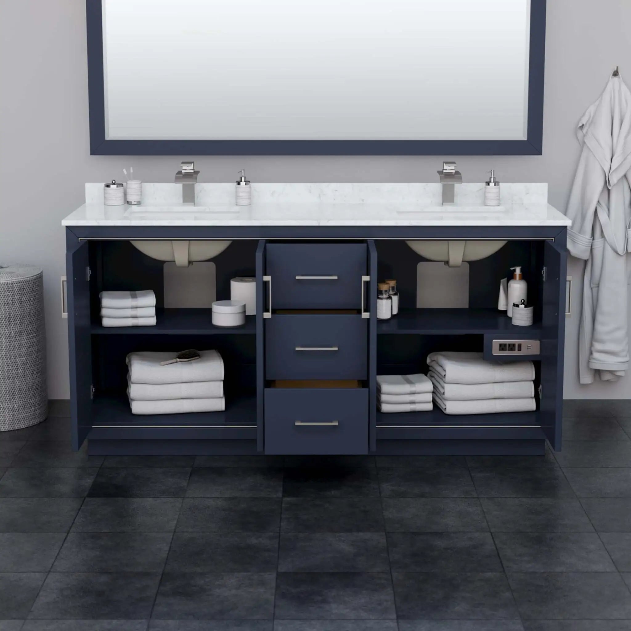 72" Icon Double Bathroom Vanity in Dark Blue with Brushed Nickel Trim by Wyndham