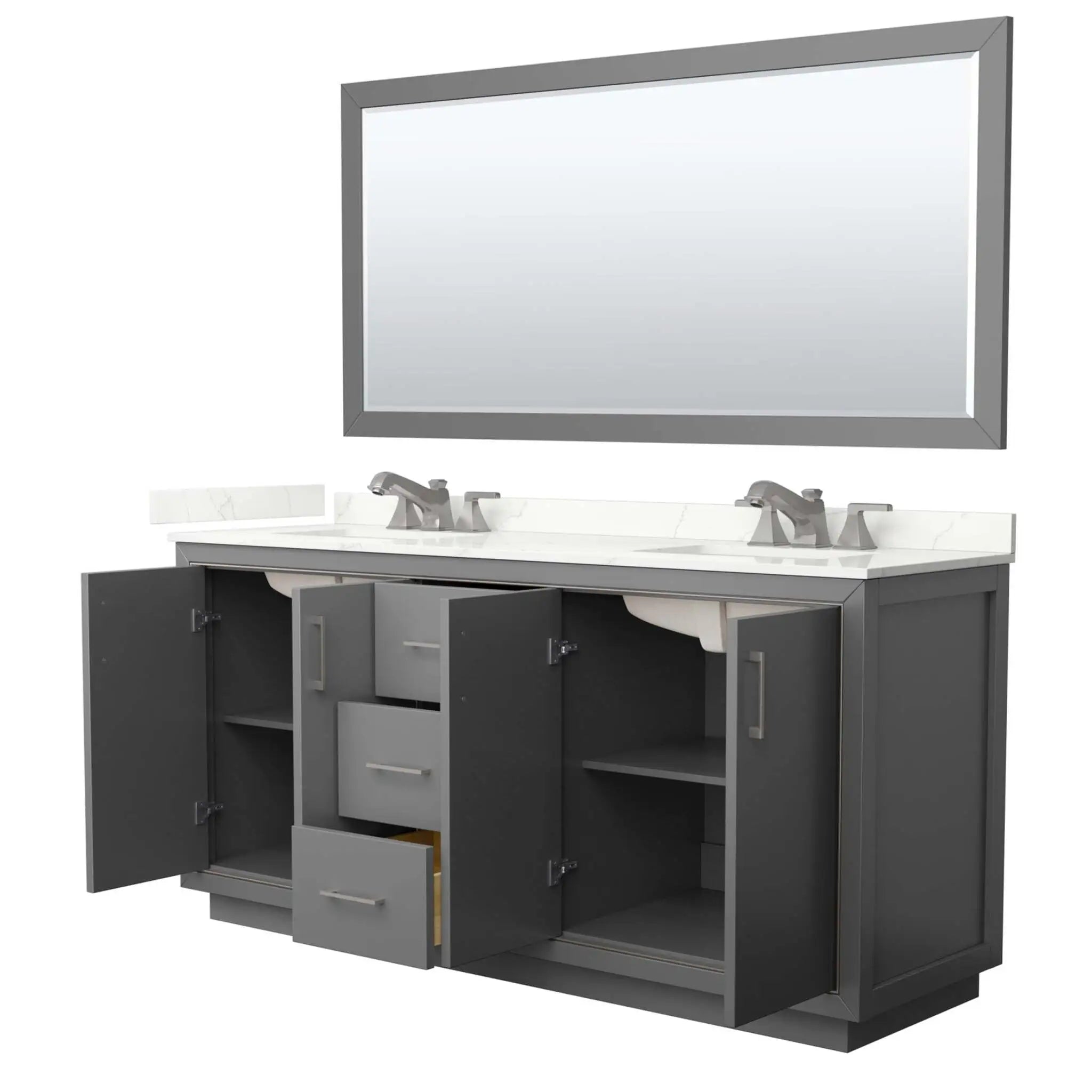 72" Icon Double Bathroom Vanity in Dark Gray with Brushed Nickel Trim & 70" Mirror by Wyndham