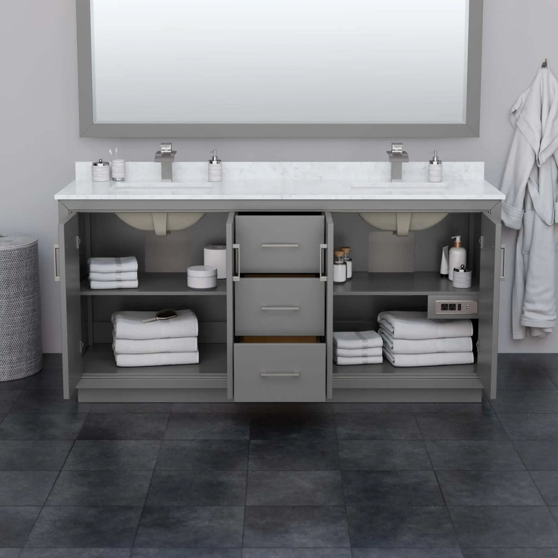72" Icon Double Bathroom Vanity in Dark Gray with Matte Black Trim & 70" Mirror by Wyndham
