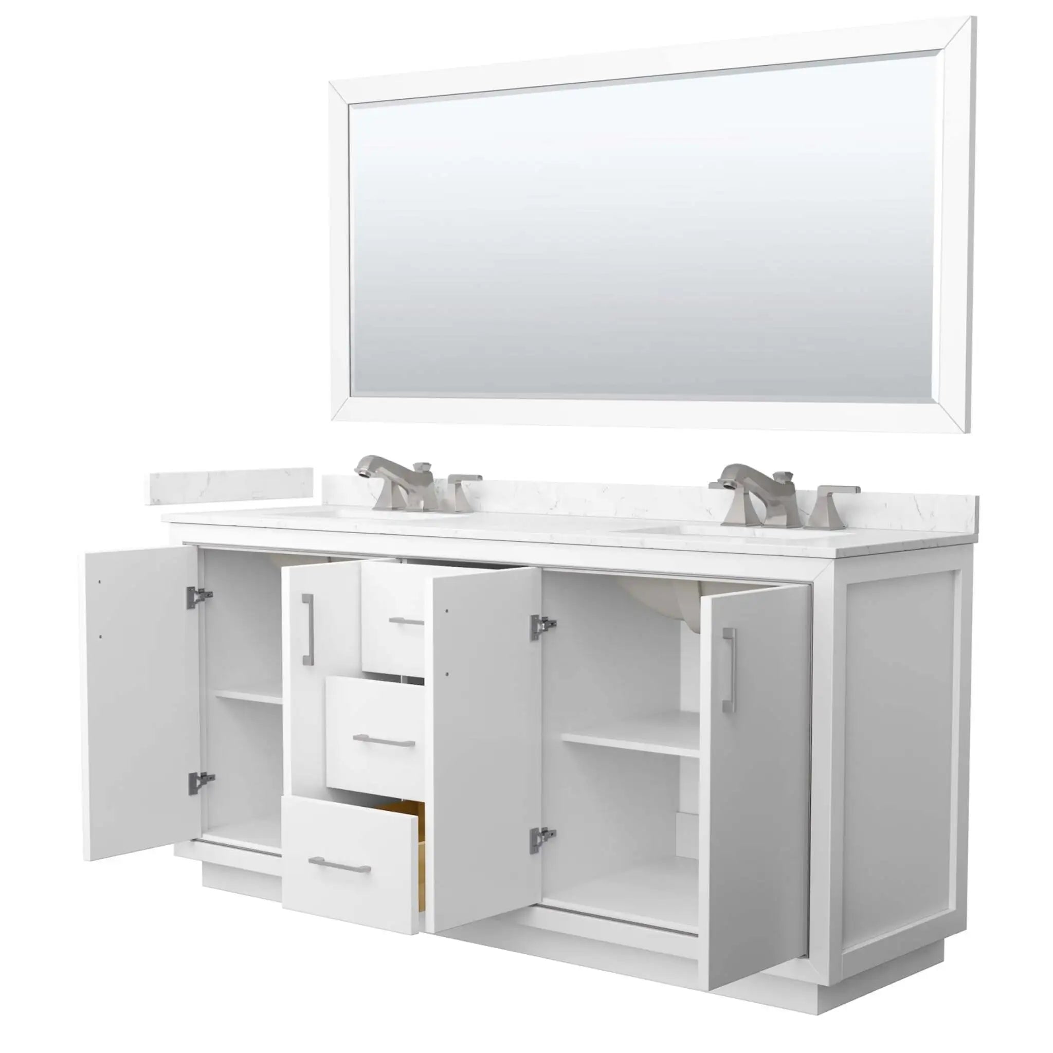 72" Icon Double Bathroom Vanity in White with Brushed Nickel Trim & 70" Mirror by Wyndham
