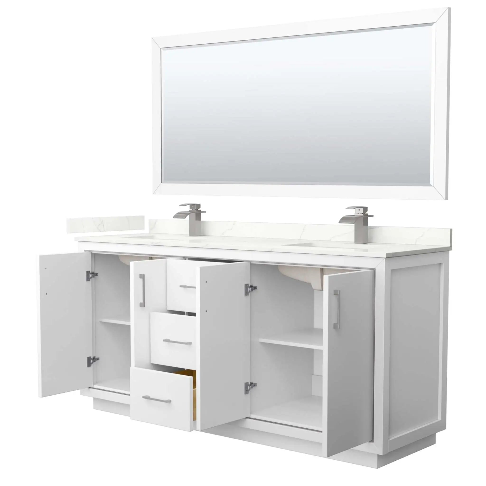 72" Icon Double Bathroom Vanity in White with Brushed Nickel Trim & 70" Mirror by Wyndham