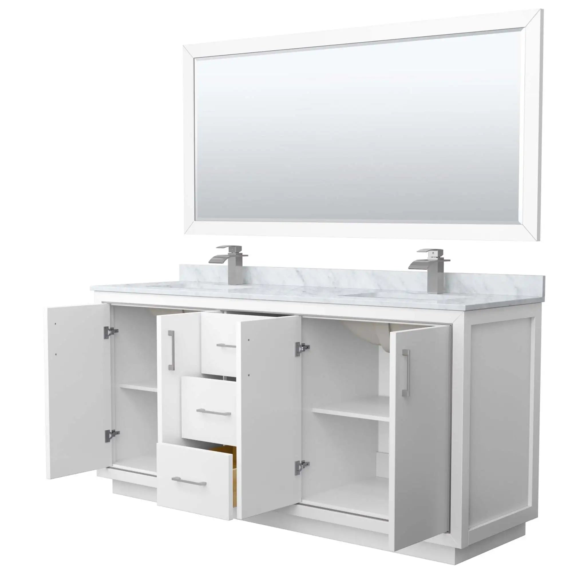 72" Icon Double Bathroom Vanity in White with Brushed Nickel Trim & 70" Mirror by Wyndham