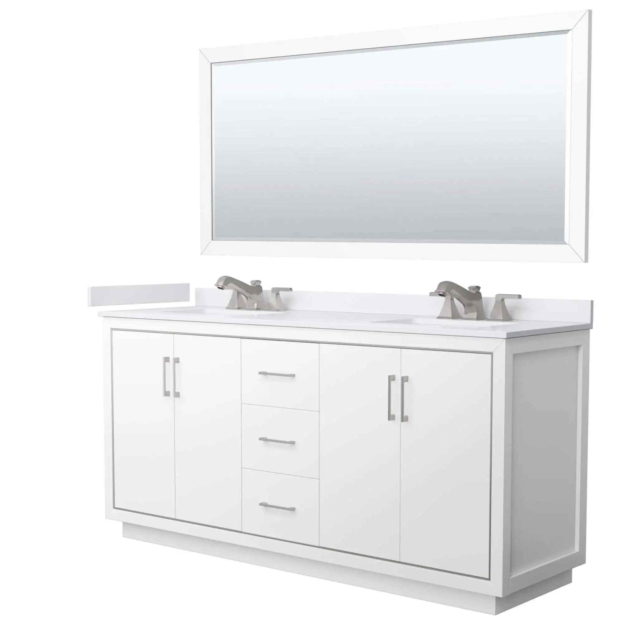 72" Icon Double Bathroom Vanity in White with Brushed Nickel Trim & 70" Mirror by Wyndham