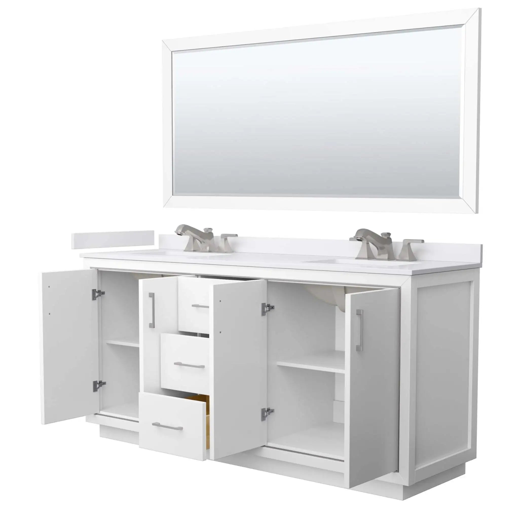 72" Icon Double Bathroom Vanity in White with Brushed Nickel Trim & 70" Mirror by Wyndham