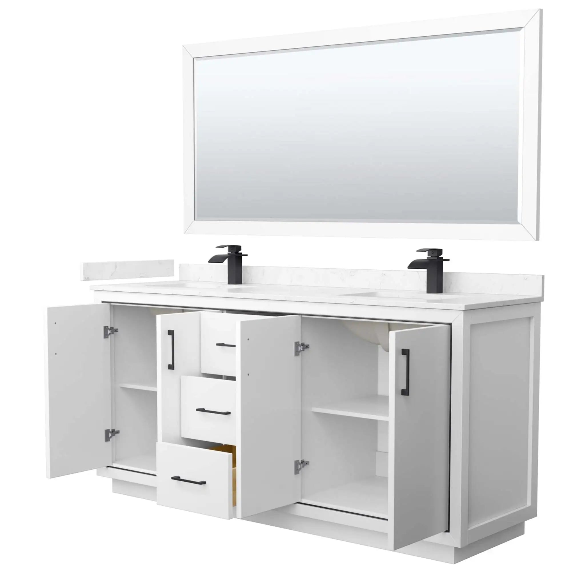 72" Icon Double Bathroom Vanity in White with Matte Black Trim & 70" Mirror by Wyndham