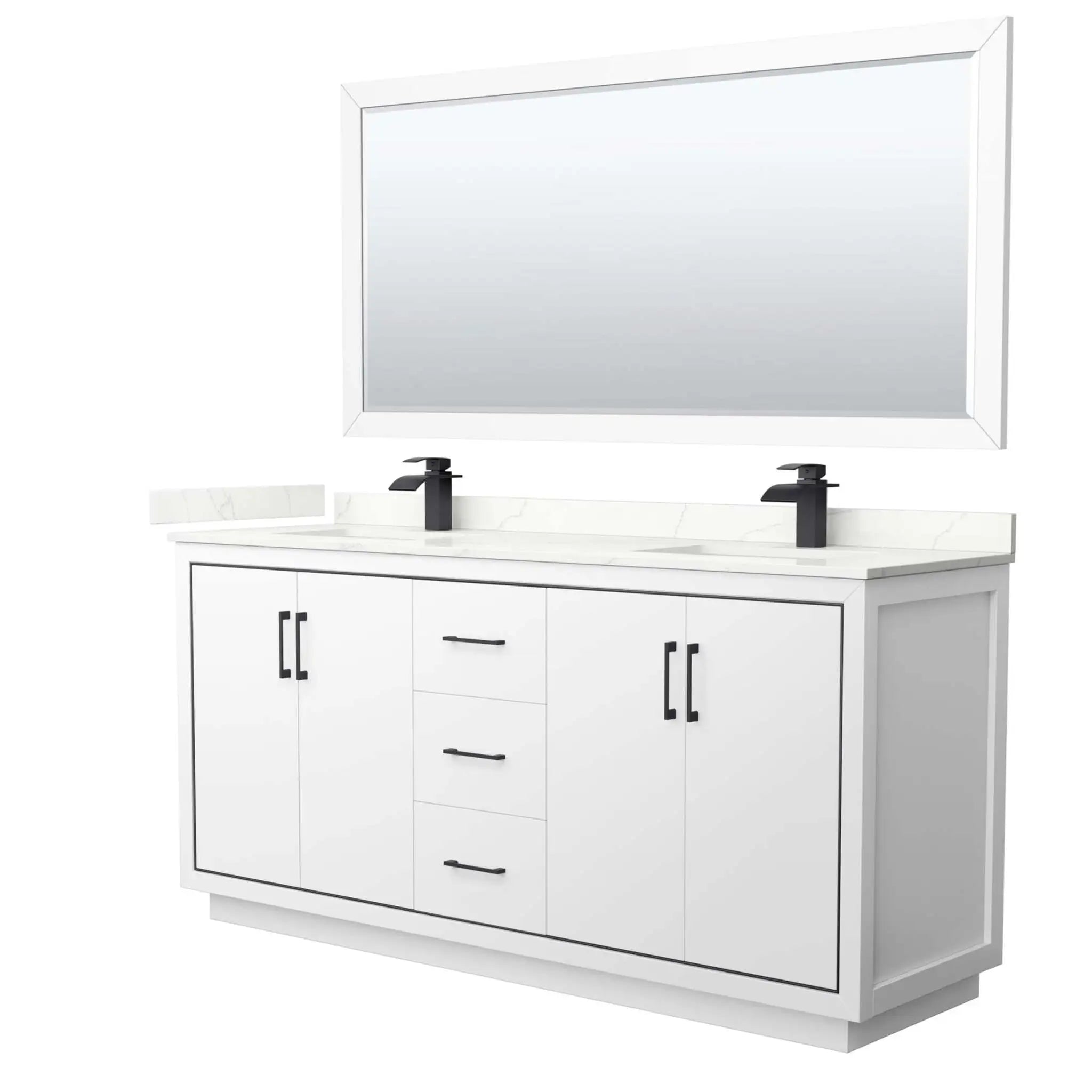 72" Icon Double Bathroom Vanity in White with Matte Black Trim & 70" Mirror by Wyndham