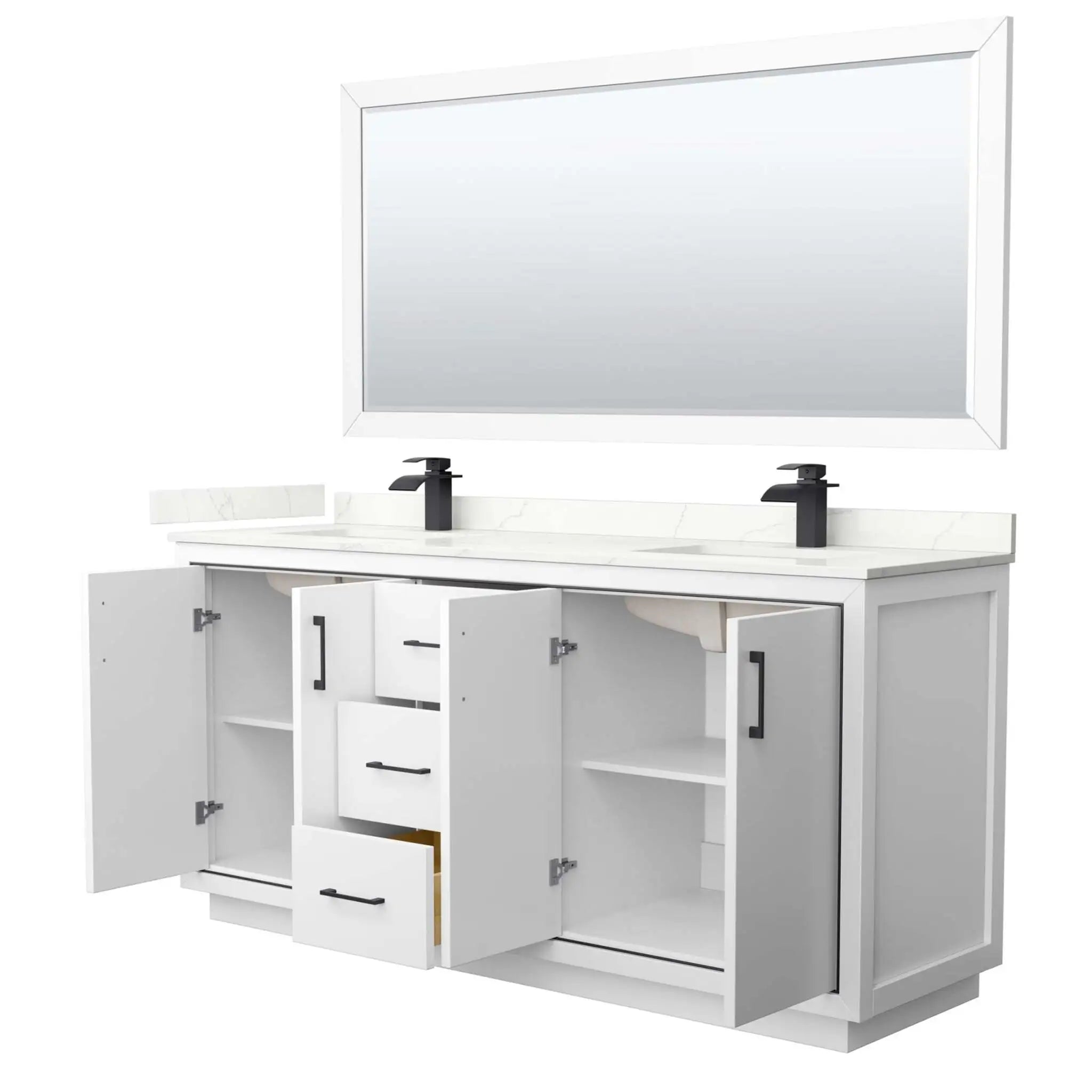 72" Icon Double Bathroom Vanity in White with Matte Black Trim & 70" Mirror by Wyndham