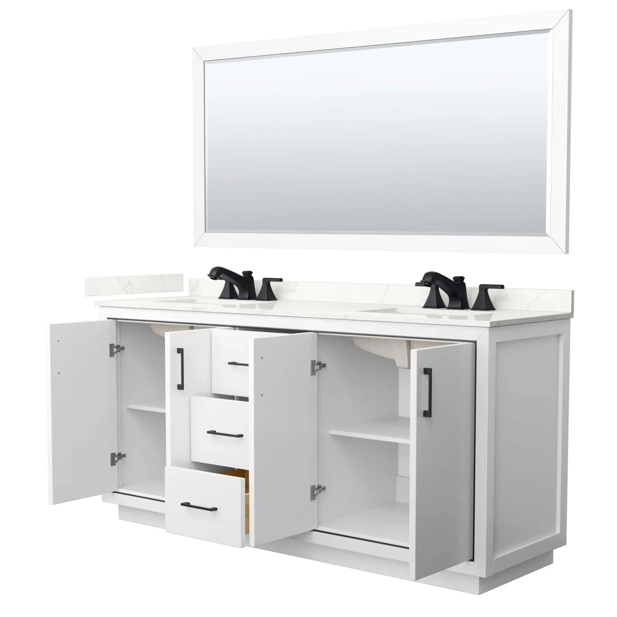 72" Icon Double Bathroom Vanity in White with Matte Black Trim & 70" Mirror by Wyndham