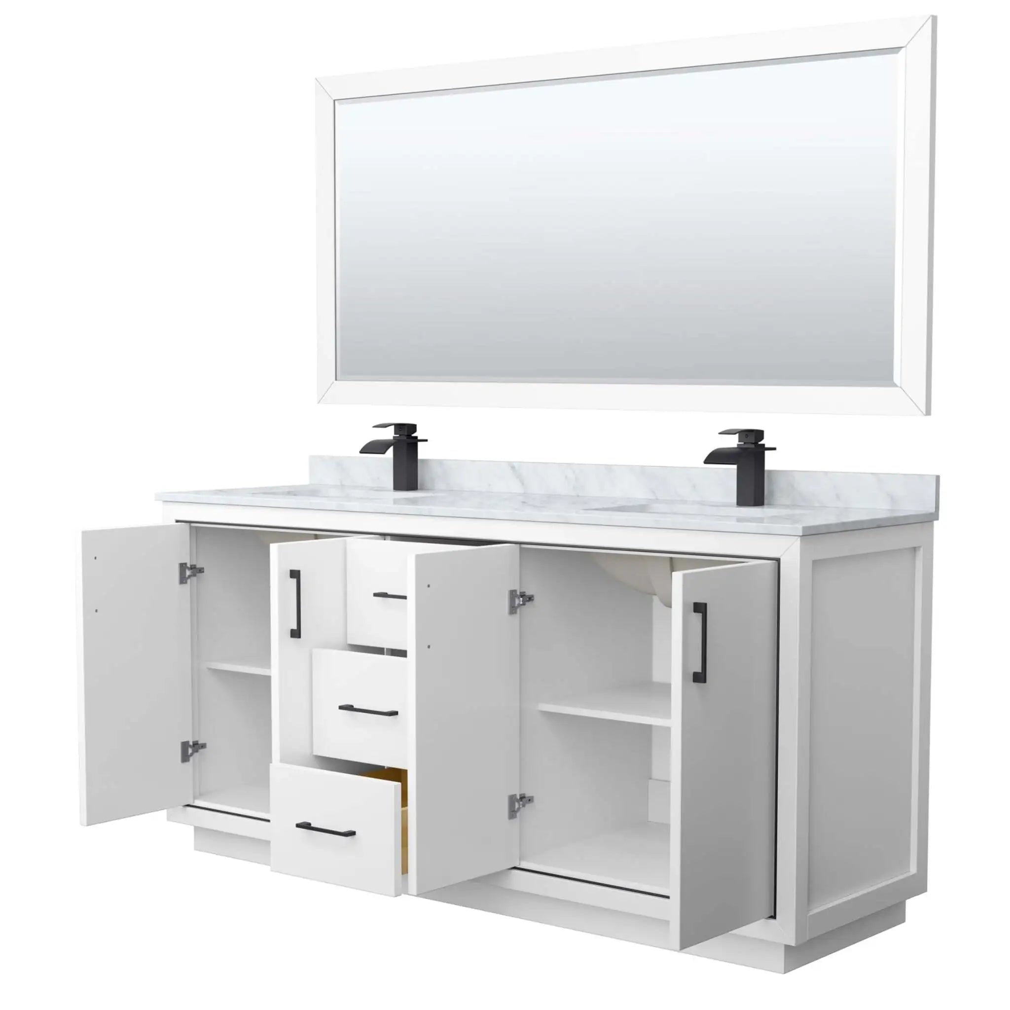 72" Icon Double Bathroom Vanity in White with Matte Black Trim & 70" Mirror by Wyndham