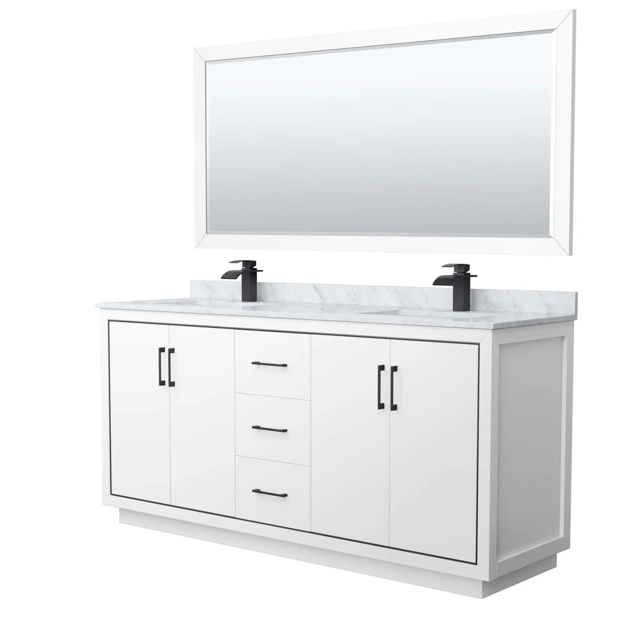 72" Icon Double Bathroom Vanity in White with Matte Black Trim & 70" Mirror by Wyndham