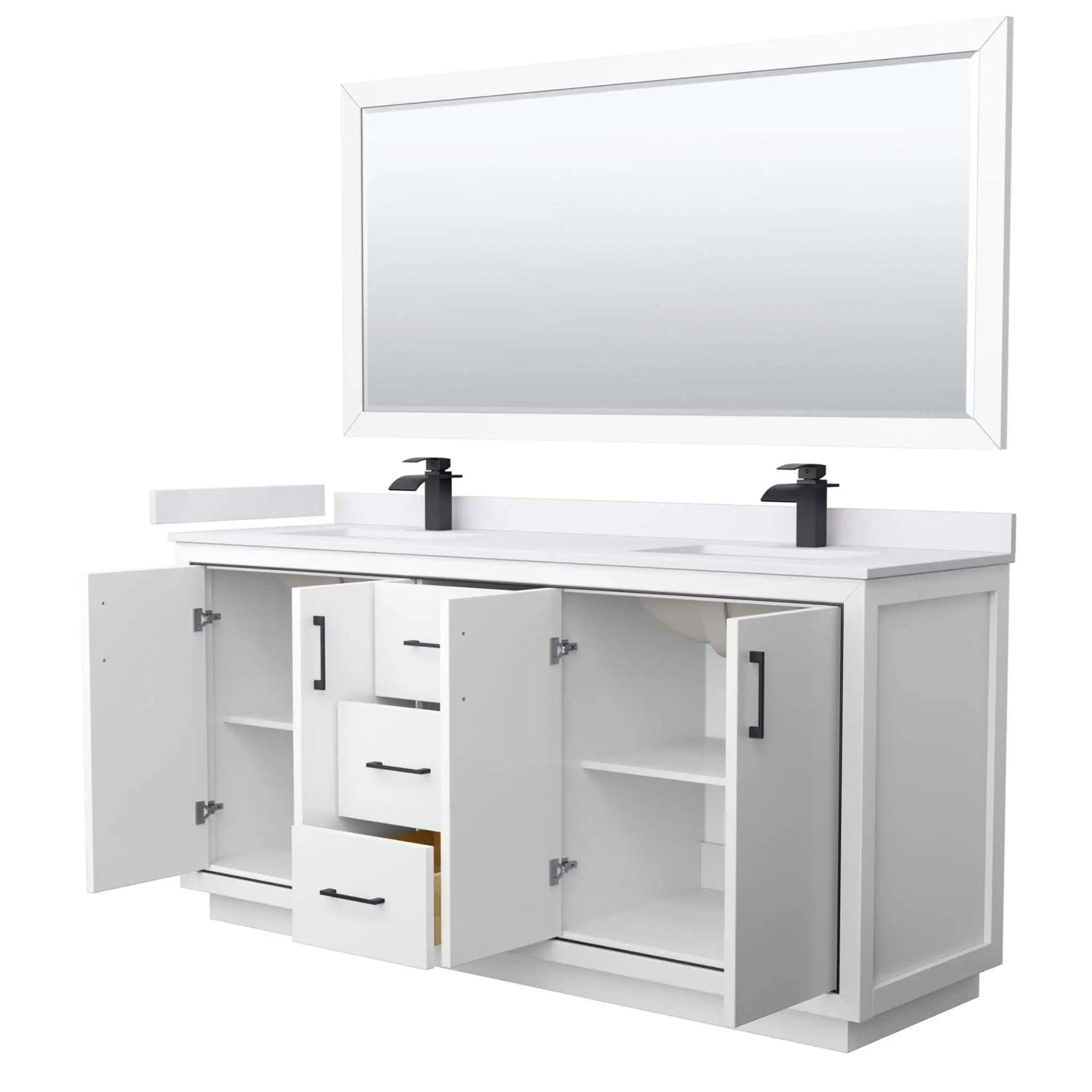 72" Icon Double Bathroom Vanity in White with Matte Black Trim & 70" Mirror by Wyndham