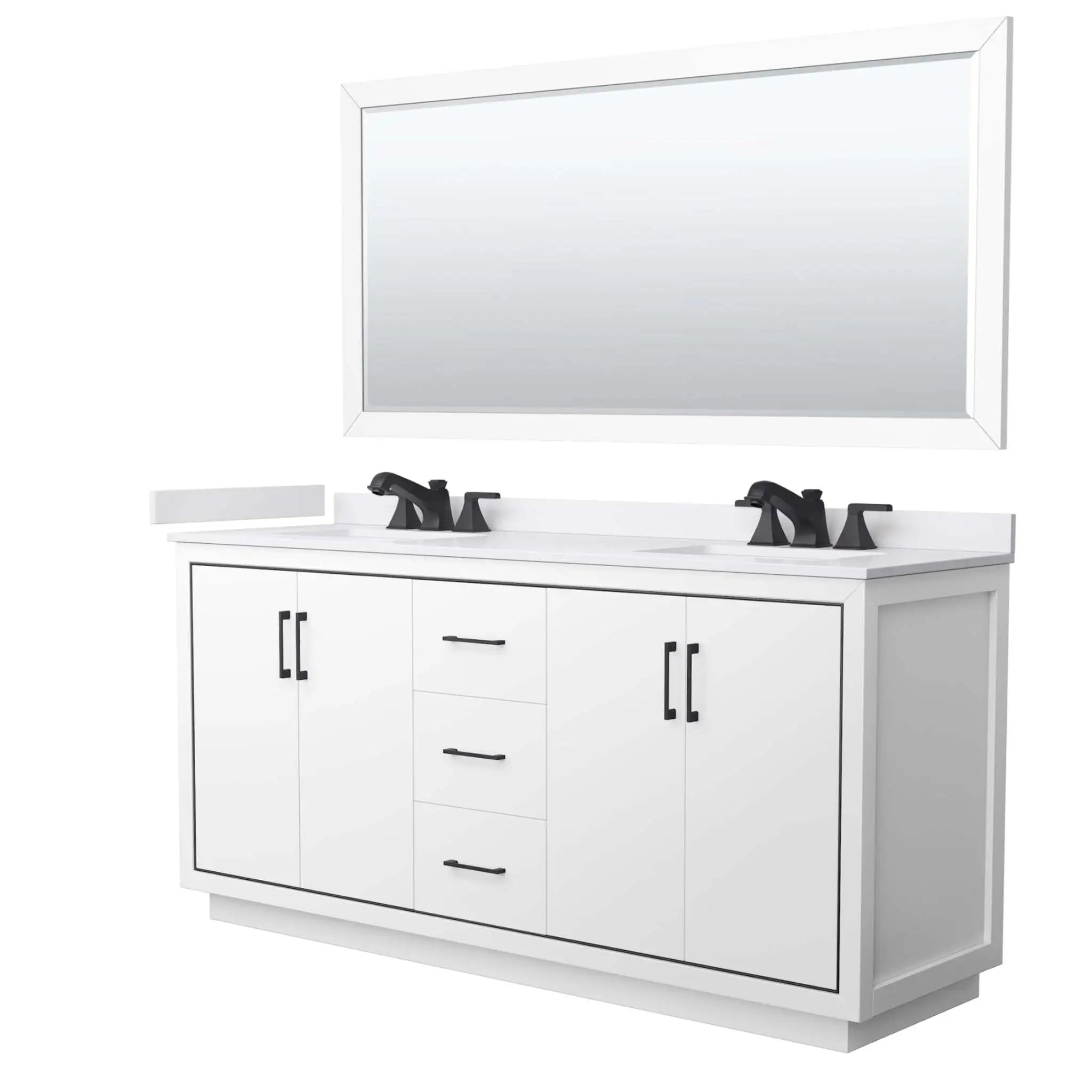 72" Icon Double Bathroom Vanity in White with Matte Black Trim & 70" Mirror by Wyndham