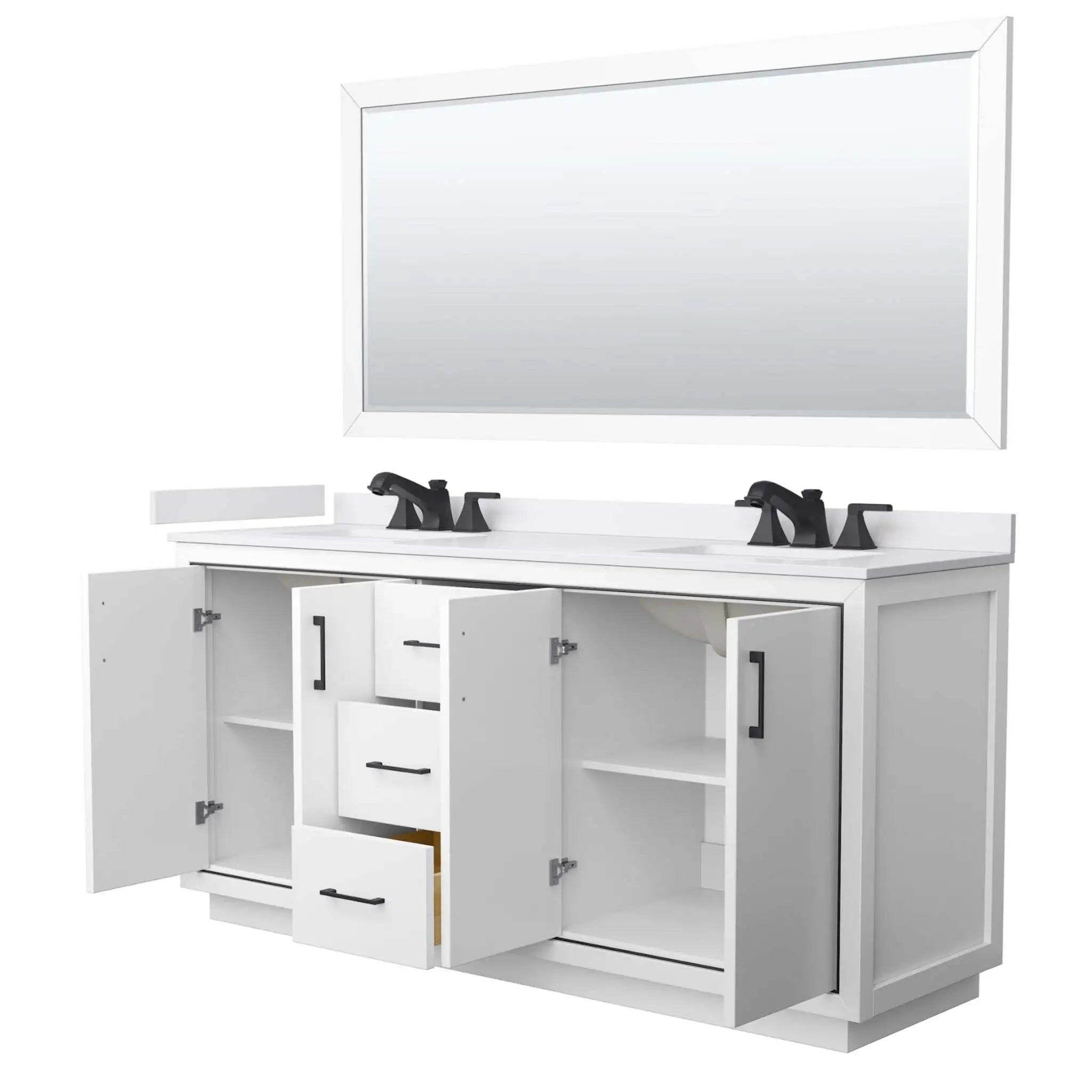 72" Icon Double Bathroom Vanity in White with Matte Black Trim & 70" Mirror by Wyndham