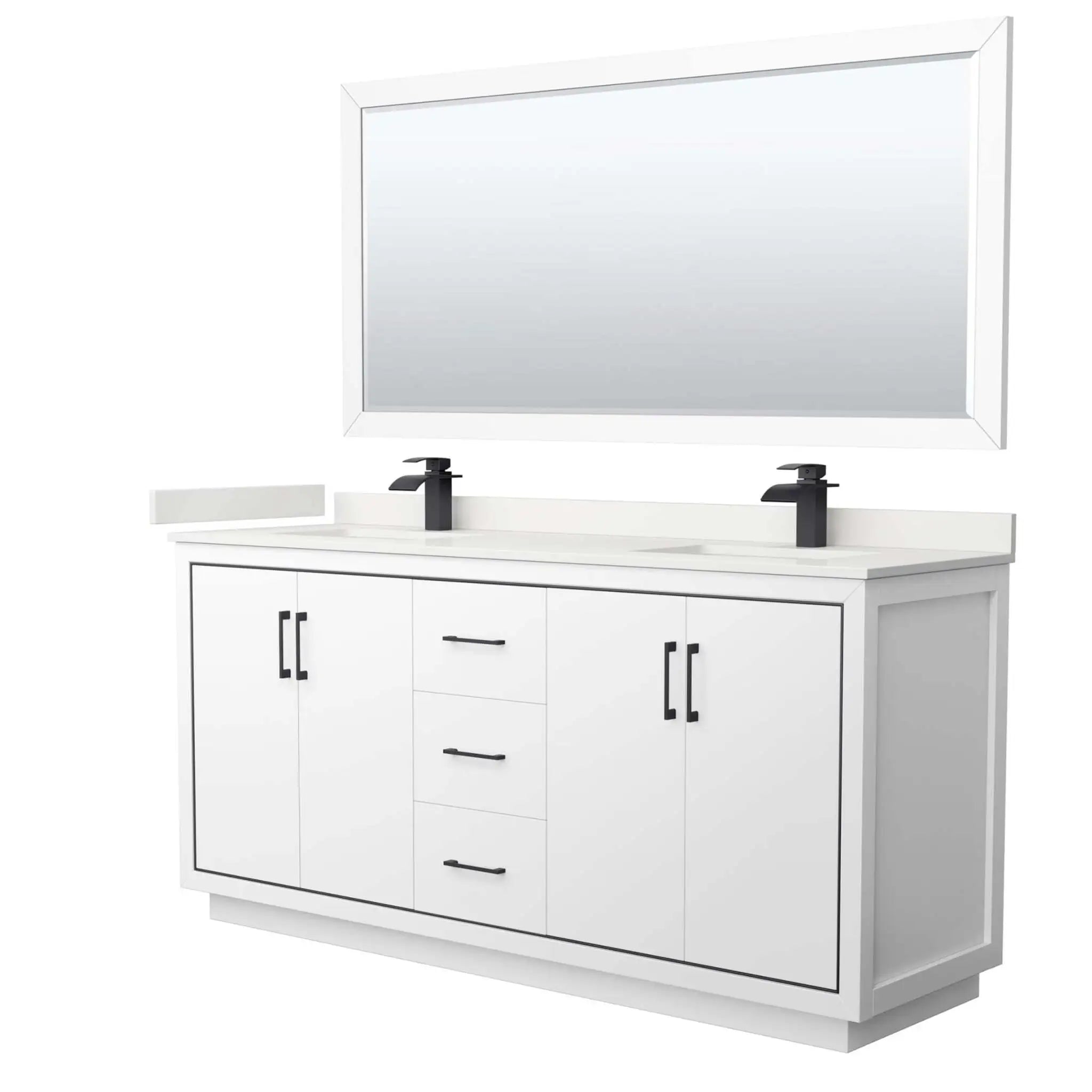 72" Icon Double Bathroom Vanity in White with Matte Black Trim & 70" Mirror by Wyndham