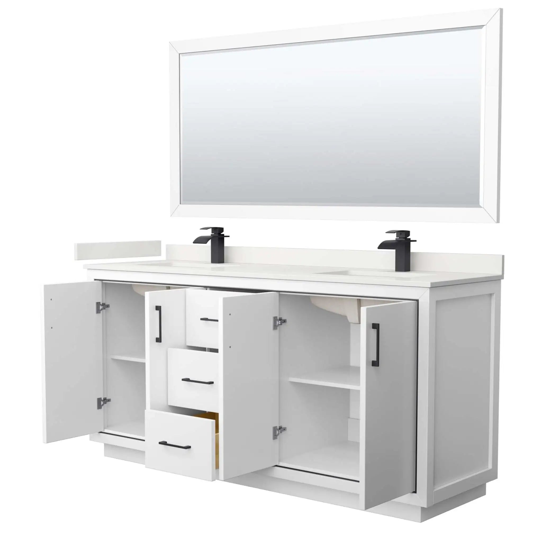 72" Icon Double Bathroom Vanity in White with Matte Black Trim & 70" Mirror by Wyndham