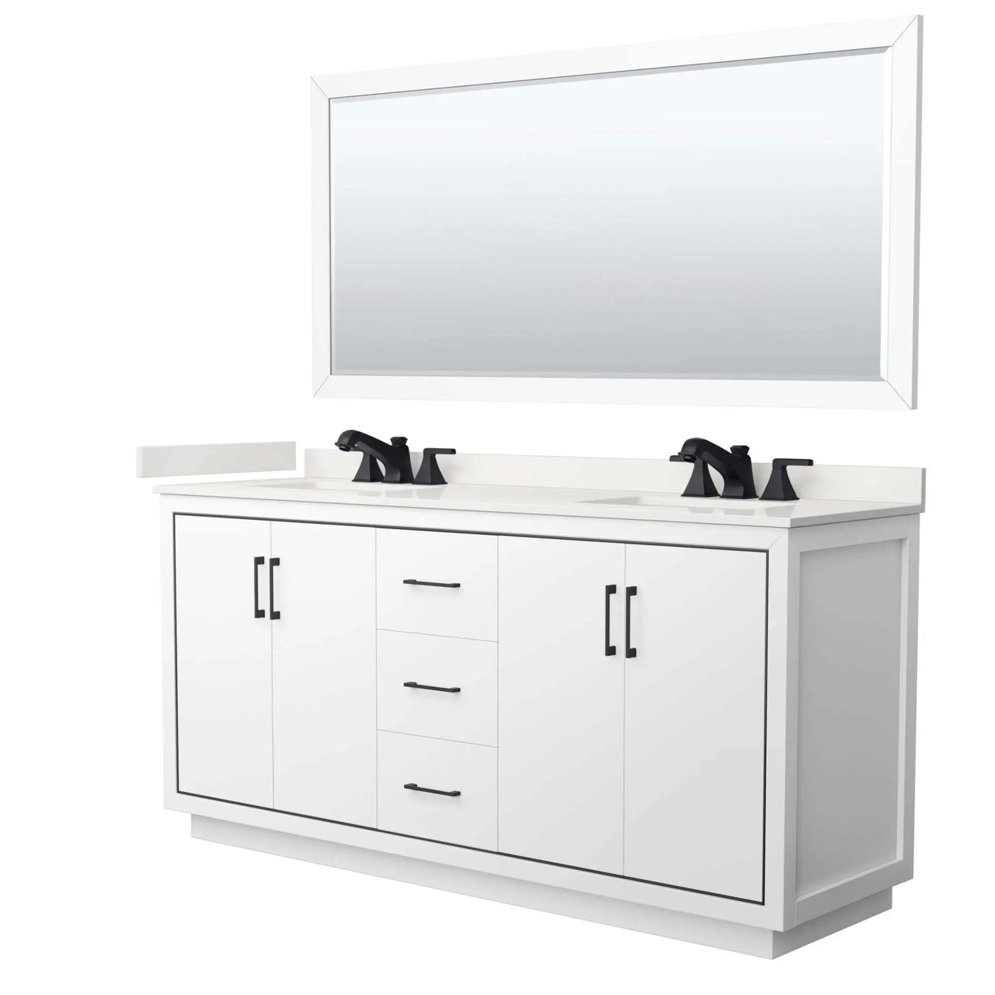 72" Icon Double Bathroom Vanity in White with Matte Black Trim & 70" Mirror by Wyndham
