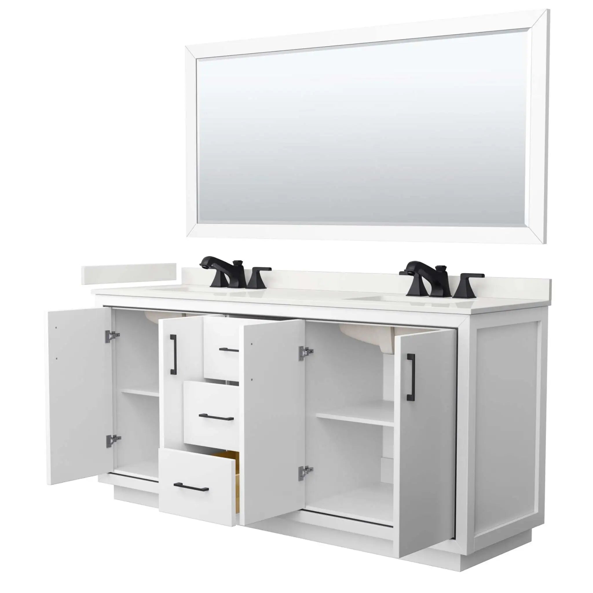 72" Icon Double Bathroom Vanity in White with Matte Black Trim & 70" Mirror by Wyndham