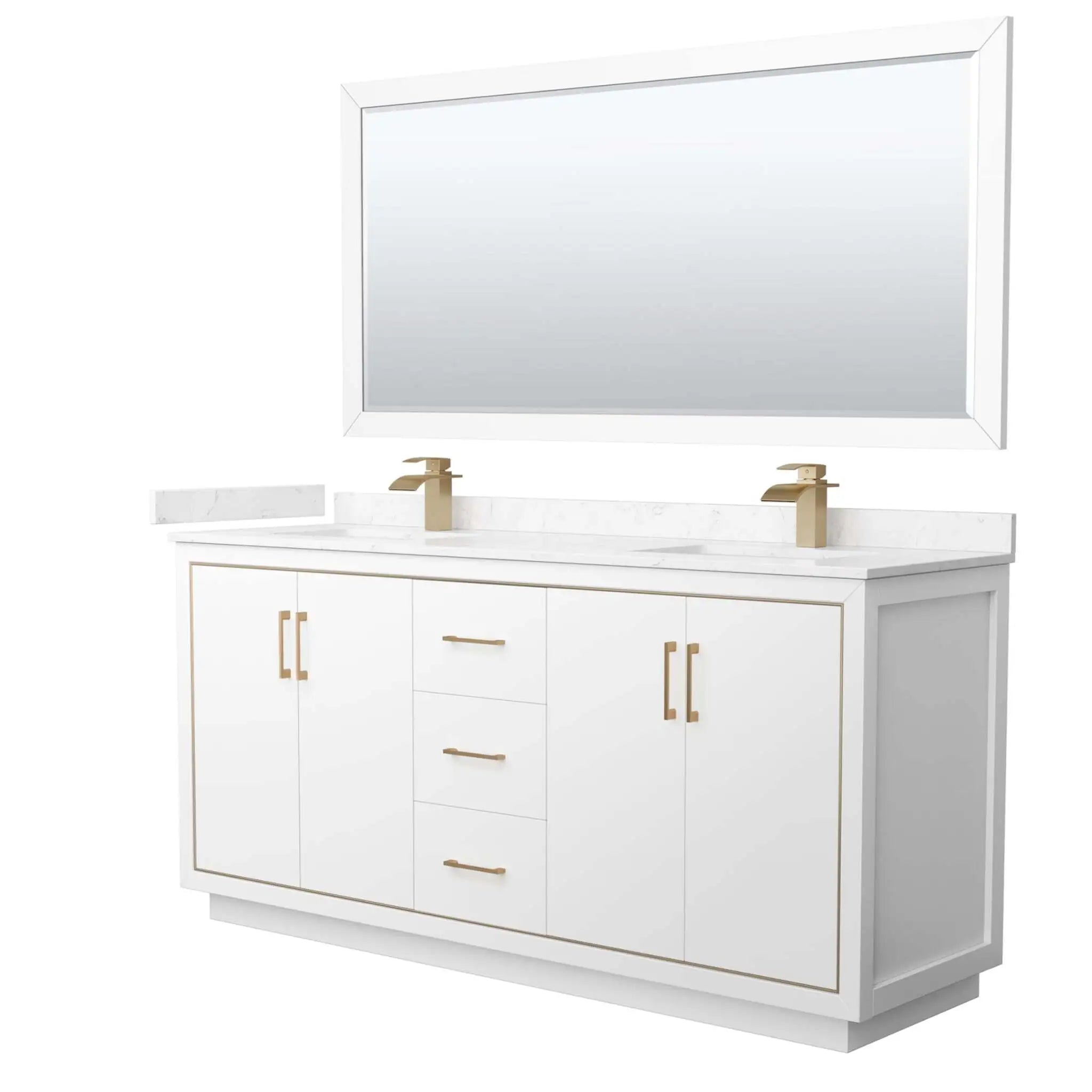 72" Icon Double Bathroom Vanity in White with Satin Bronze Trim & 70" Mirror by Wyndham