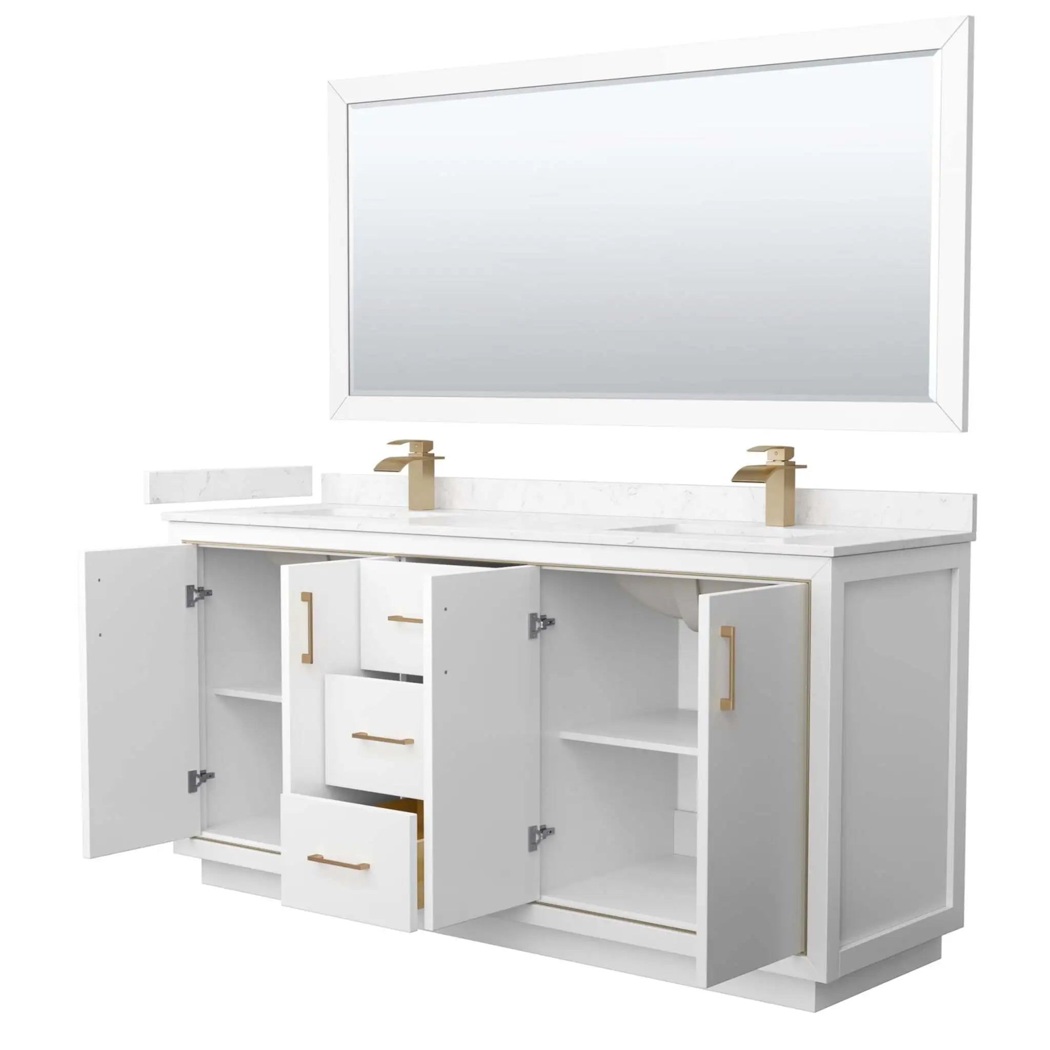 72" Icon Double Bathroom Vanity in White with Satin Bronze Trim & 70" Mirror by Wyndham