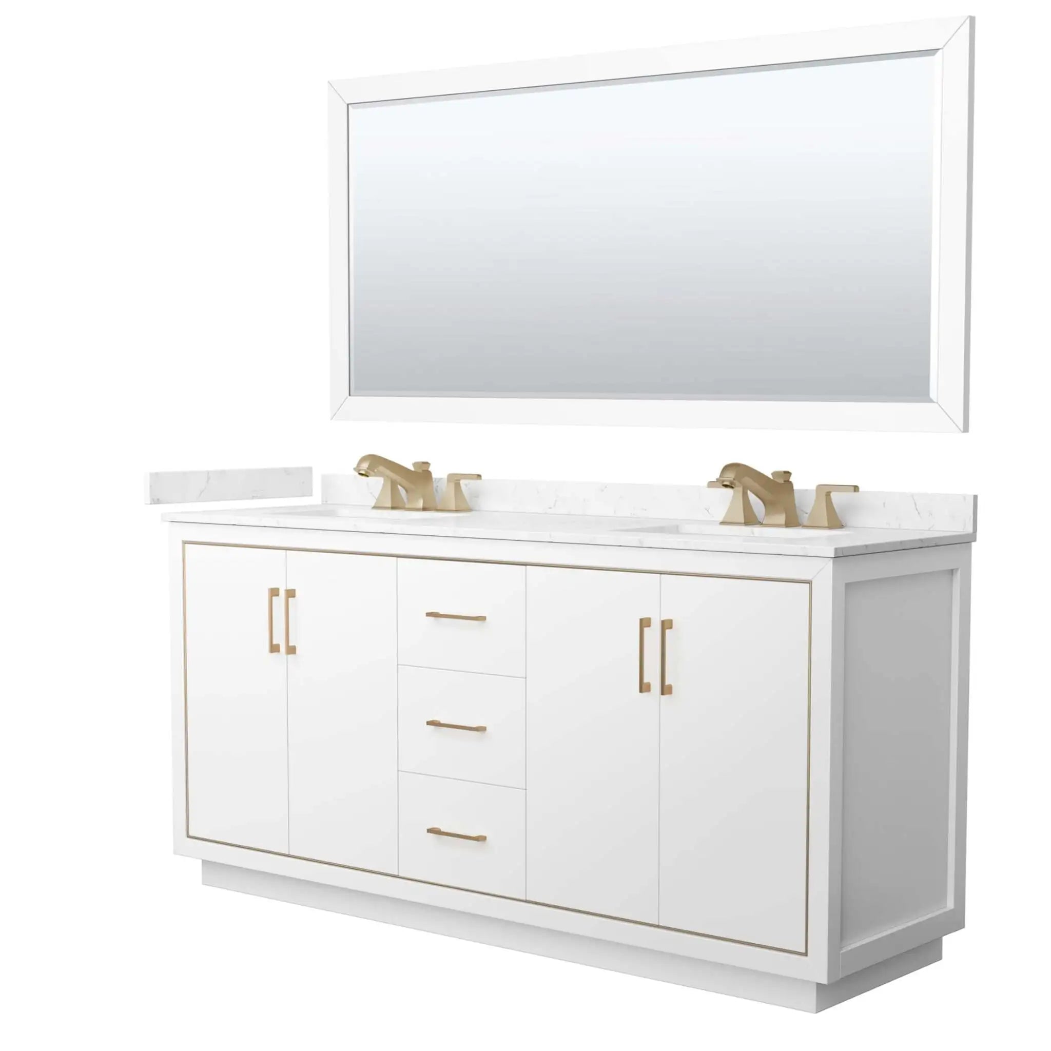 72" Icon Double Bathroom Vanity in White with Satin Bronze Trim & 70" Mirror by Wyndham