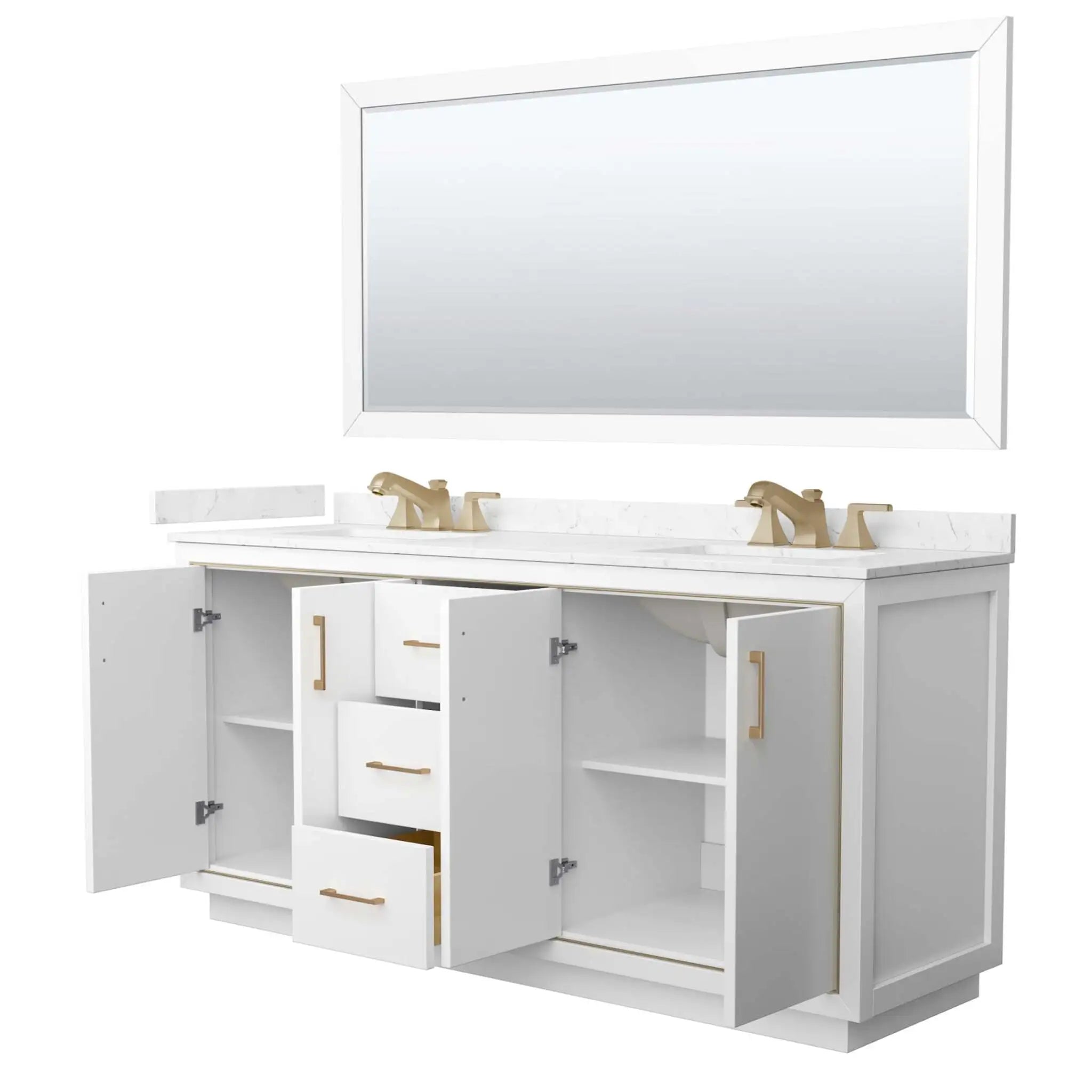 72" Icon Double Bathroom Vanity in White with Satin Bronze Trim & 70" Mirror by Wyndham