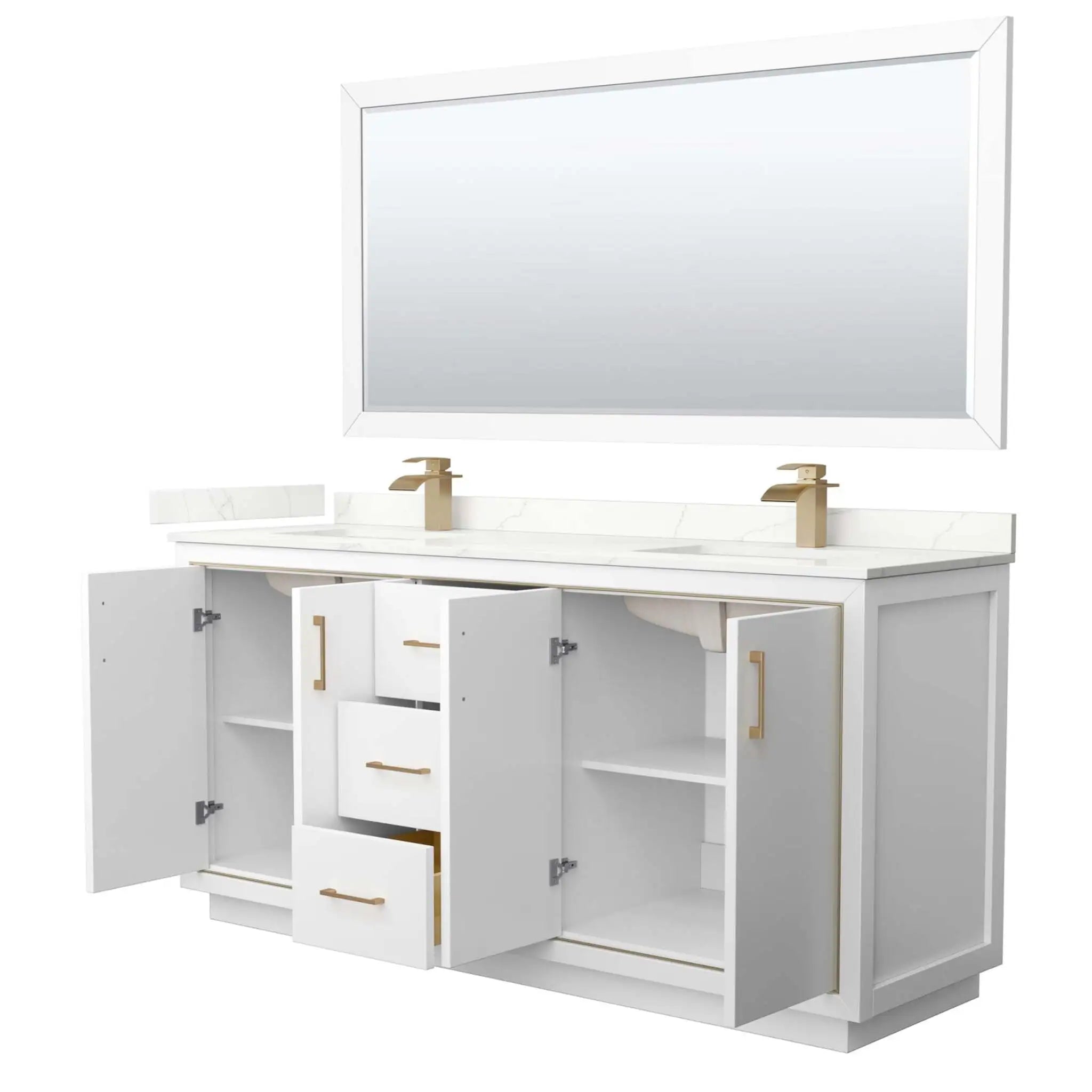 72" Icon Double Bathroom Vanity in White with Satin Bronze Trim & 70" Mirror by Wyndham