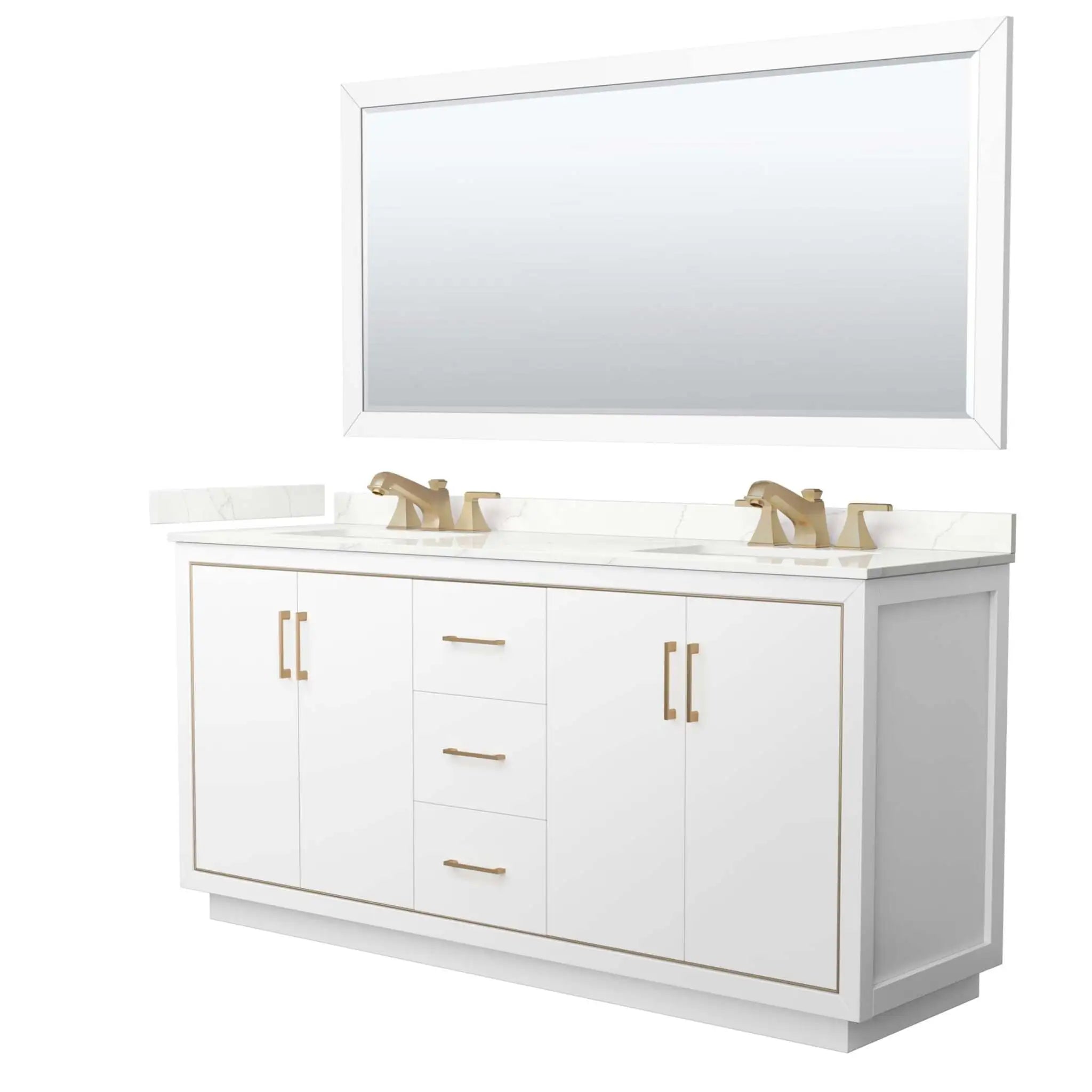 72" Icon Double Bathroom Vanity in White with Satin Bronze Trim & 70" Mirror by Wyndham