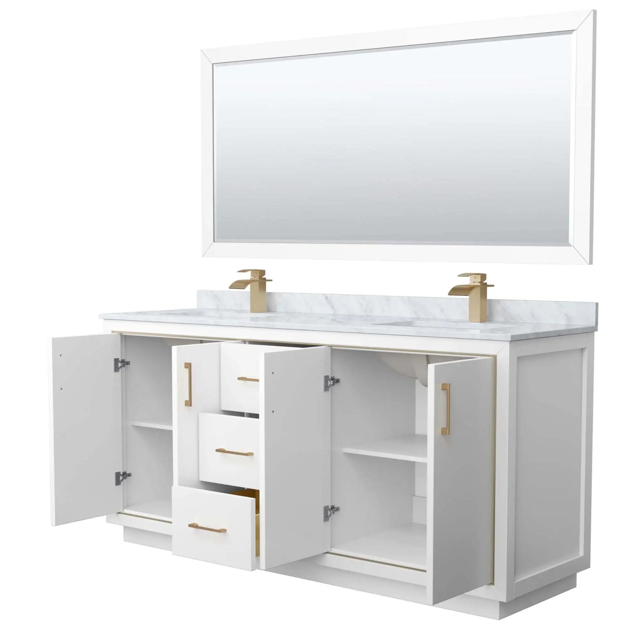 72" Icon Double Bathroom Vanity in White with Satin Bronze Trim & 70" Mirror by Wyndham
