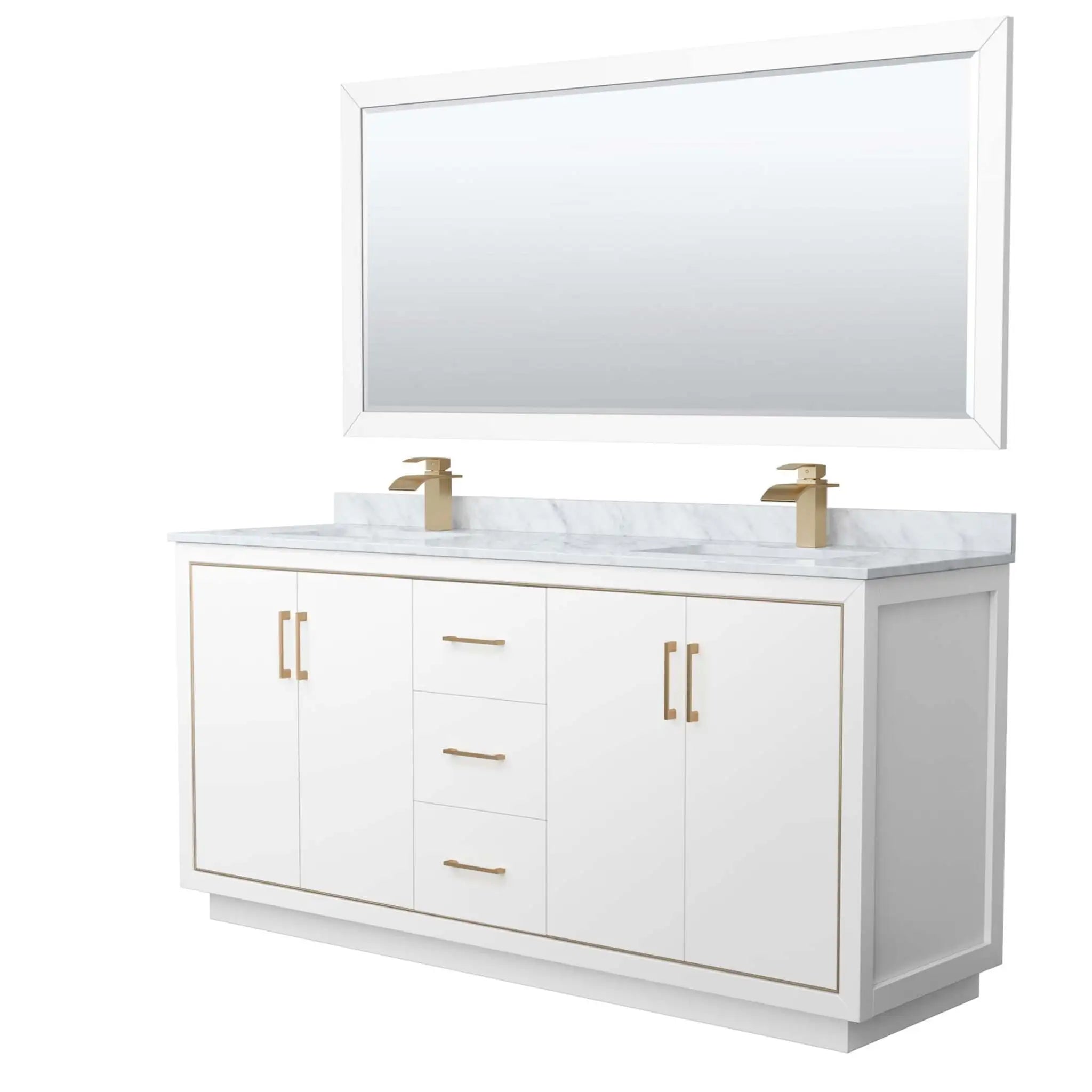 72" Icon Double Bathroom Vanity in White with Satin Bronze Trim & 70" Mirror by Wyndham