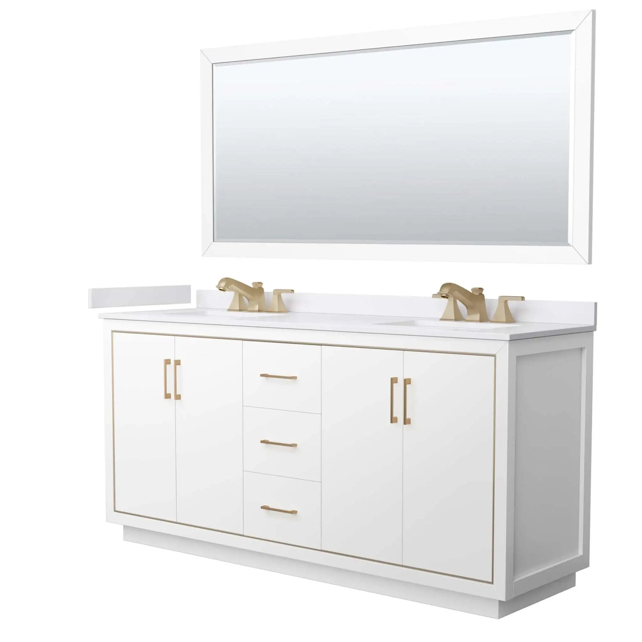 72" Icon Double Bathroom Vanity in White with Satin Bronze Trim & 70" Mirror by Wyndham