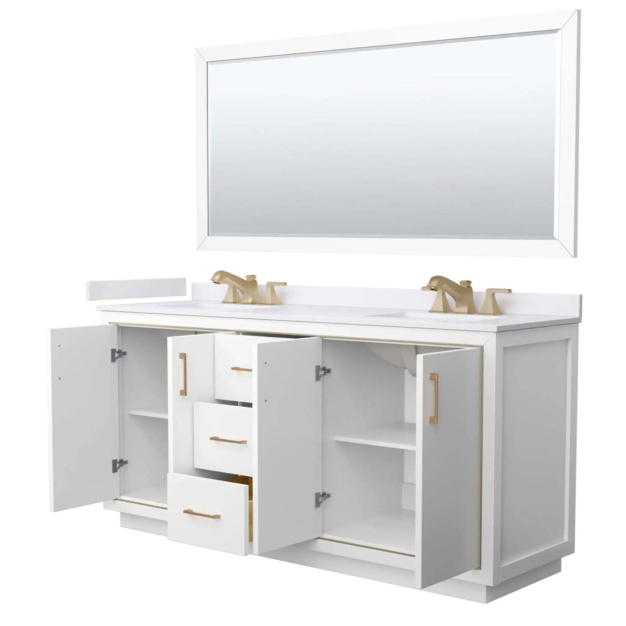 72" Icon Double Bathroom Vanity in White with Satin Bronze Trim & 70" Mirror by Wyndham