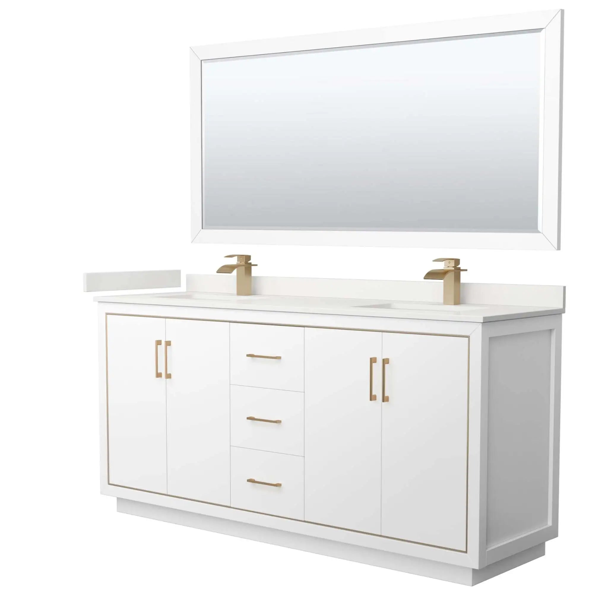 72" Icon Double Bathroom Vanity in White with Satin Bronze Trim & 70" Mirror by Wyndham
