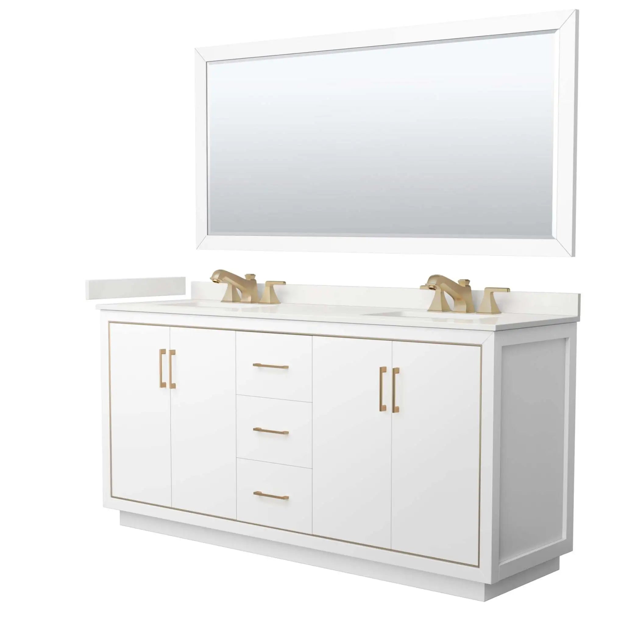 72" Icon Double Bathroom Vanity in White with Satin Bronze Trim & 70" Mirror by Wyndham