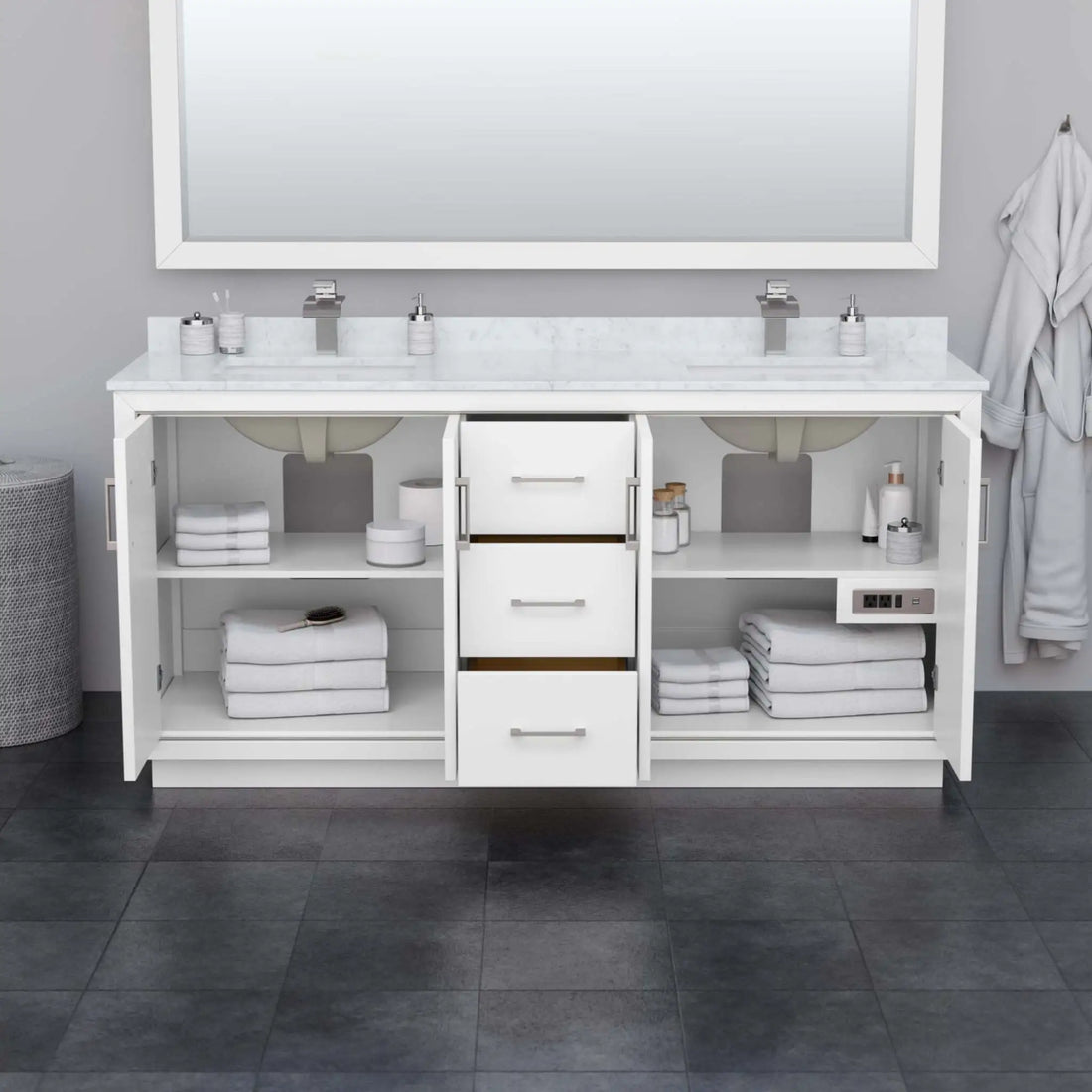 72" Icon Double Bathroom Vanity in White with Satin Bronze Trim by Wyndham
